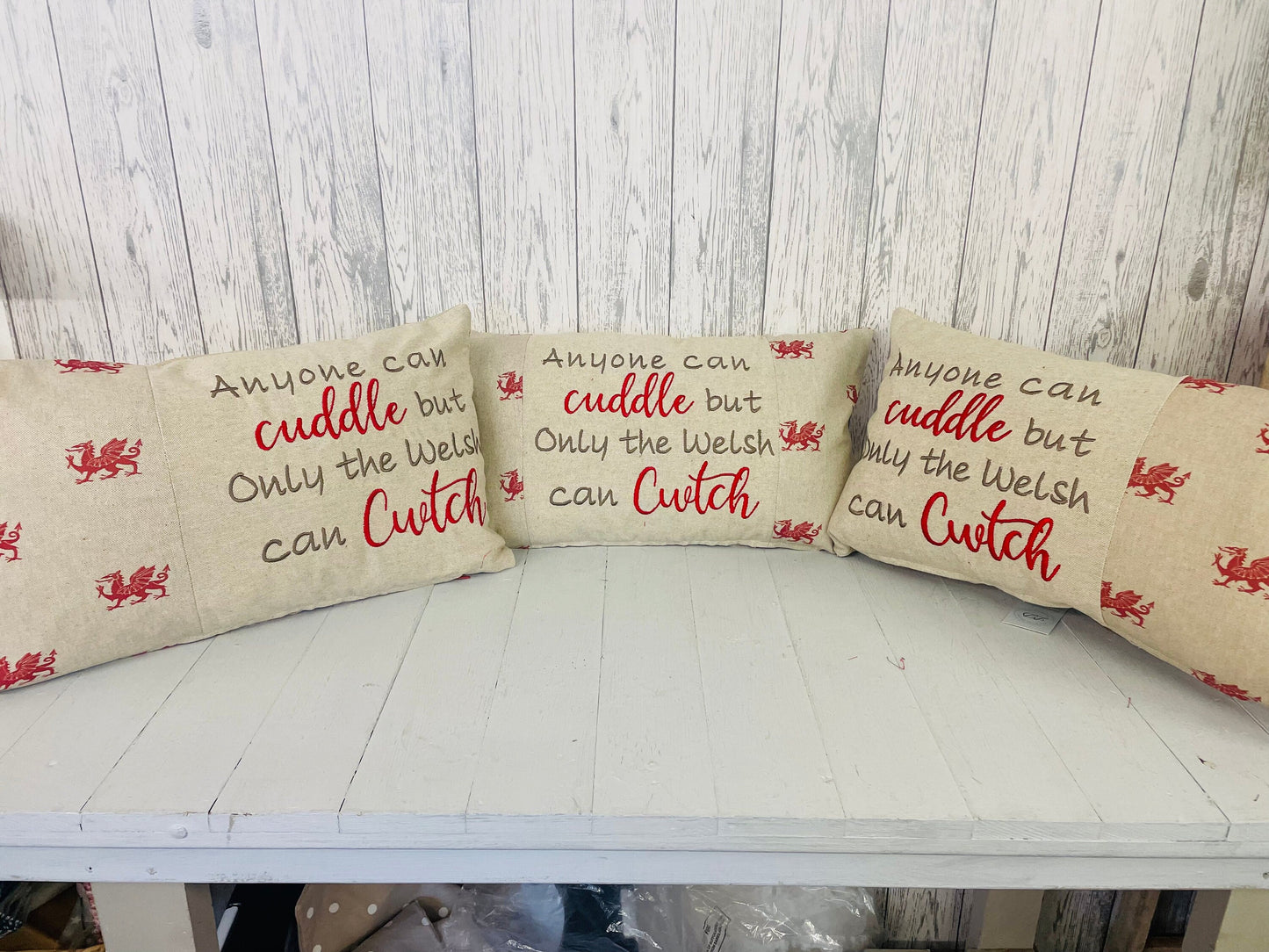 Anyone can Cuddle but only the Welsh can Cwtch-Welsh dragon panel long cushion