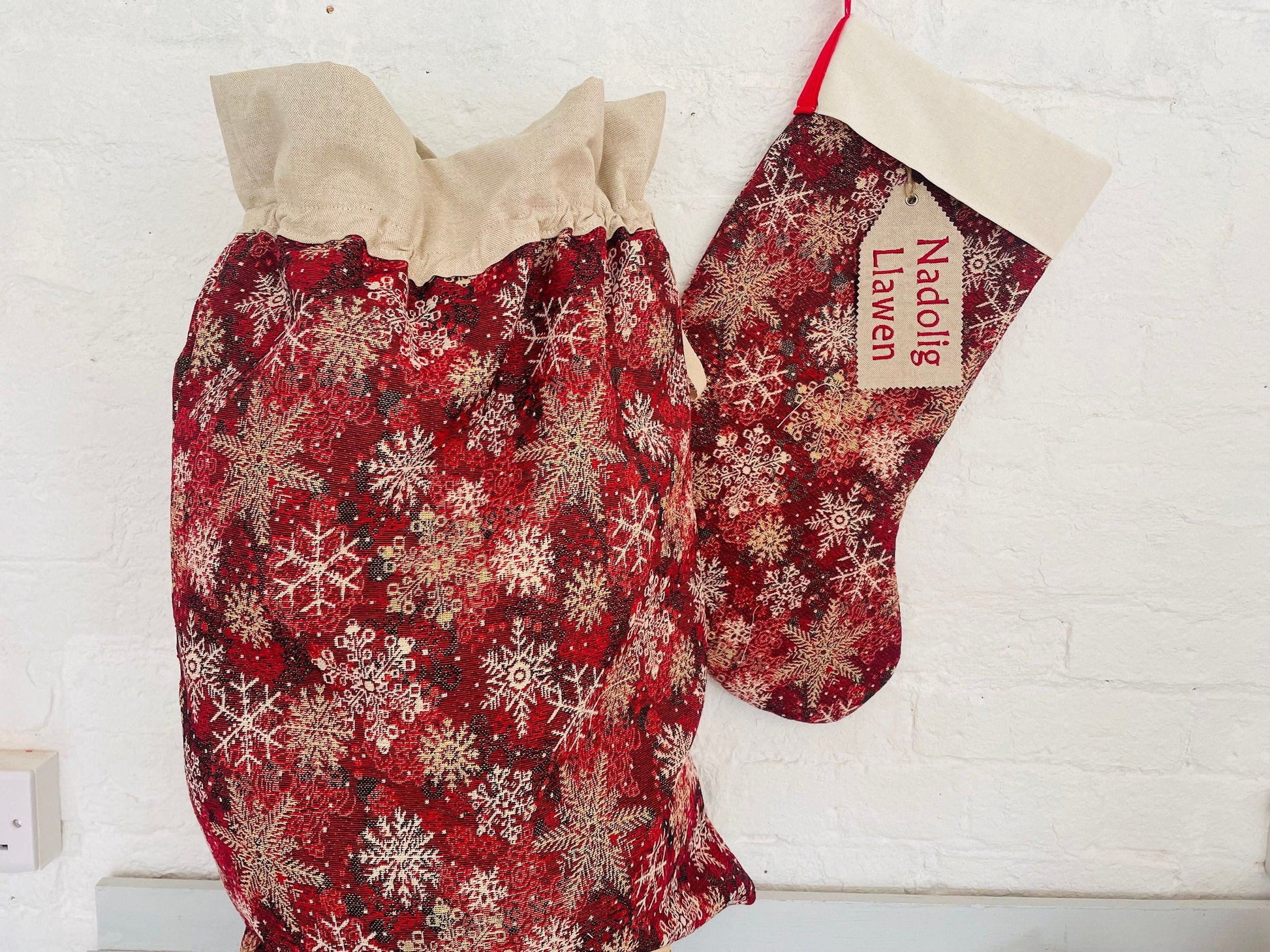 Luxe Snowflake red and gold Tapestry Christmas Sack Nadolig Llawen- personalised Sack