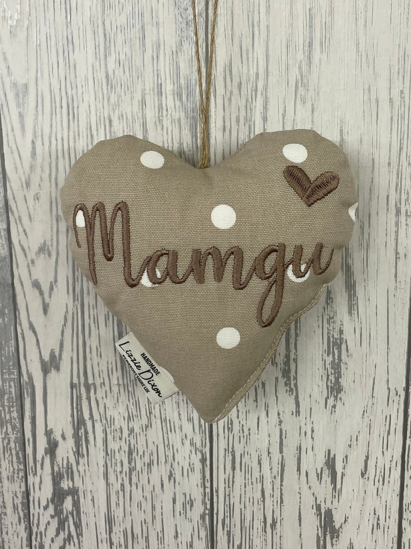 Mother's Day Decorative Hanging Heart- Mum Personalised Mother's Day Gift-Taupe Dotty Stuffed Lavender hanging Heart