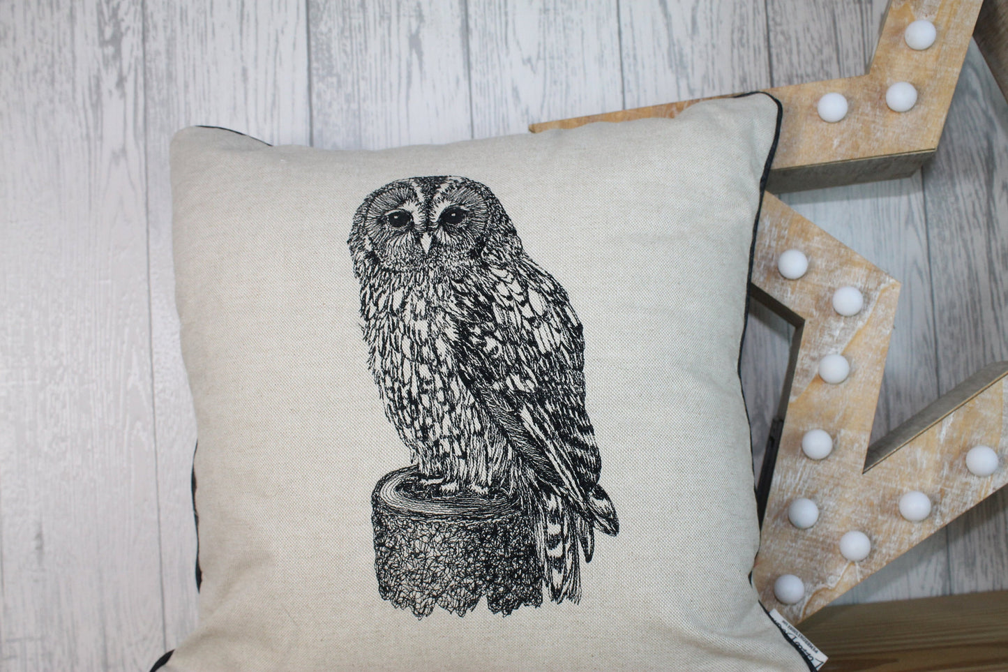 Owl Cushion- Cream /Taupe Piped Cushion - Lizzie Dixon Designs