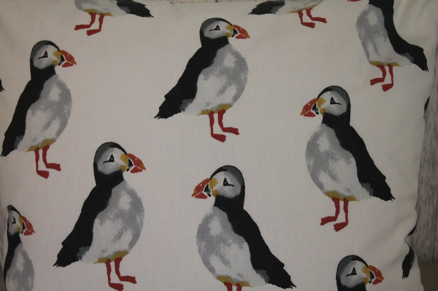 Puffin Cushion- 16" Cushion White Front cute puffin fabric on reverse - Lizzie Dixon Designs