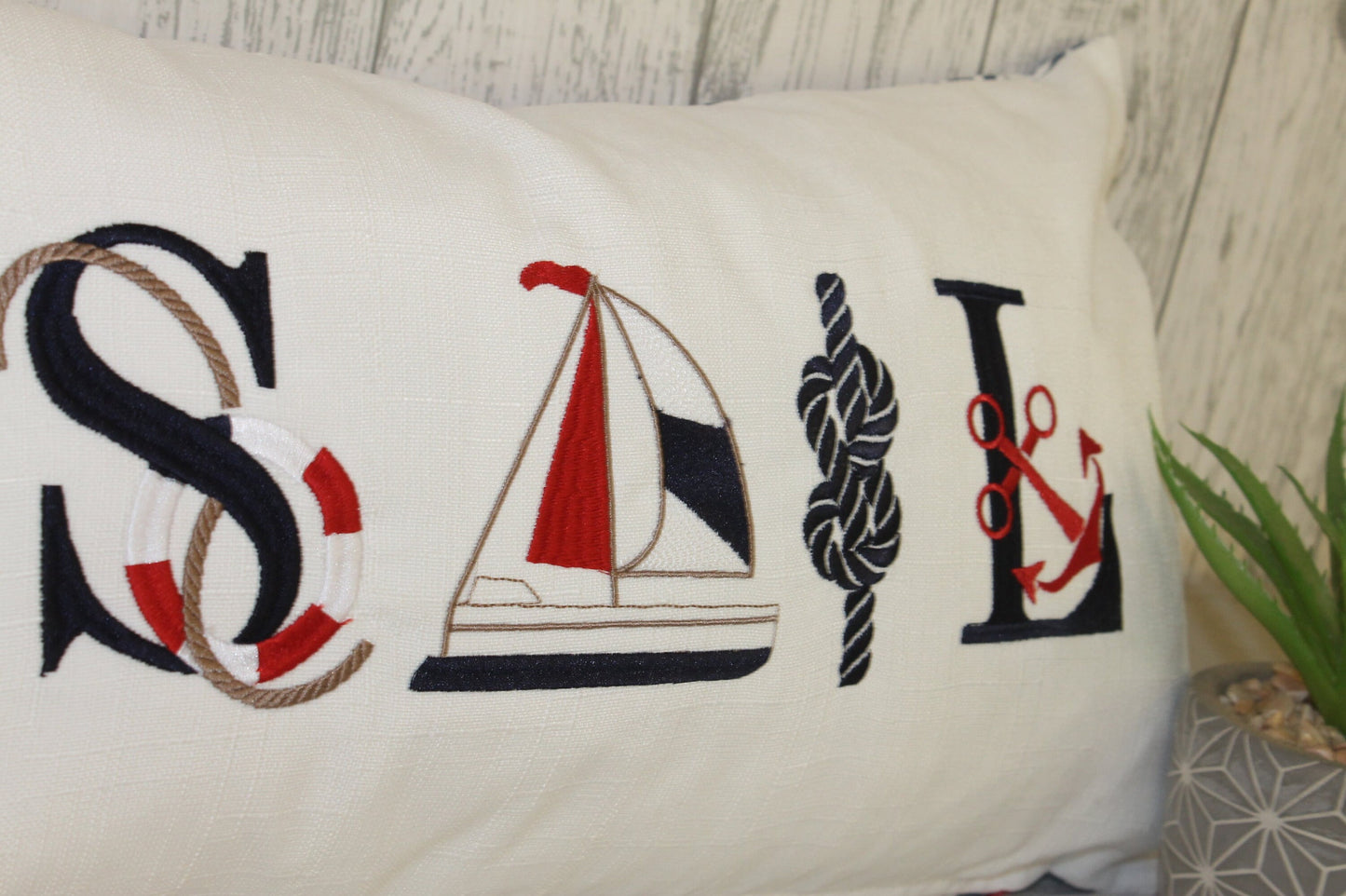 Sale long cushion-Sale nautical cushion on white linen and wave fabric