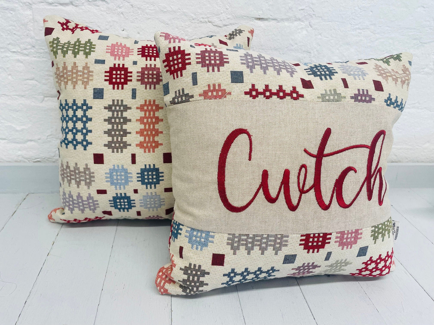 Welsh Blanket style Cwtch Cushion-Personalised Cushion- Quote Cushion-welsh tapestry style 16” Square Cushion