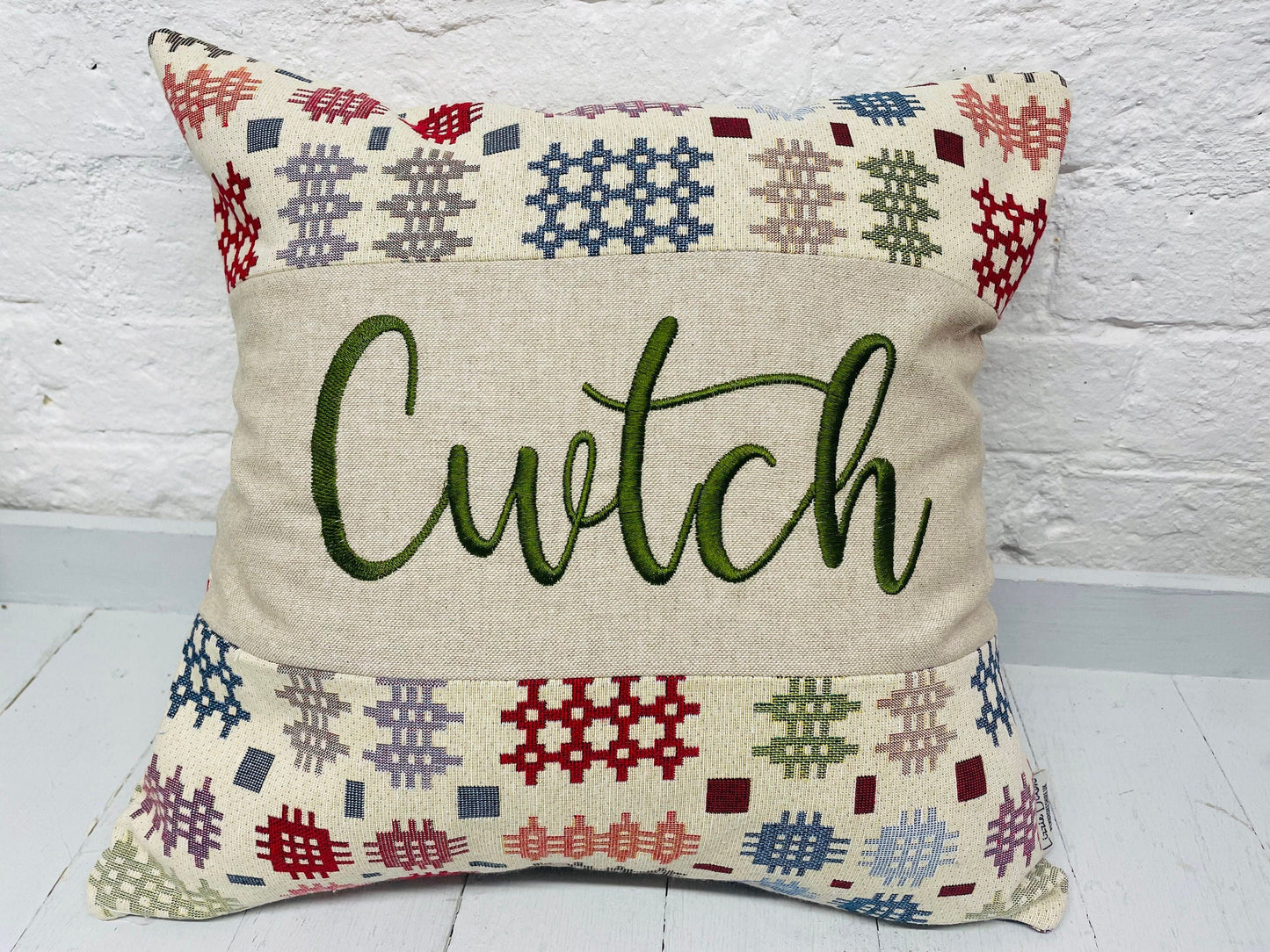Welsh Blanket style Cwtch Cushion-Personalised Cushion- Quote Cushion-welsh tapestry style 16” Square Cushion