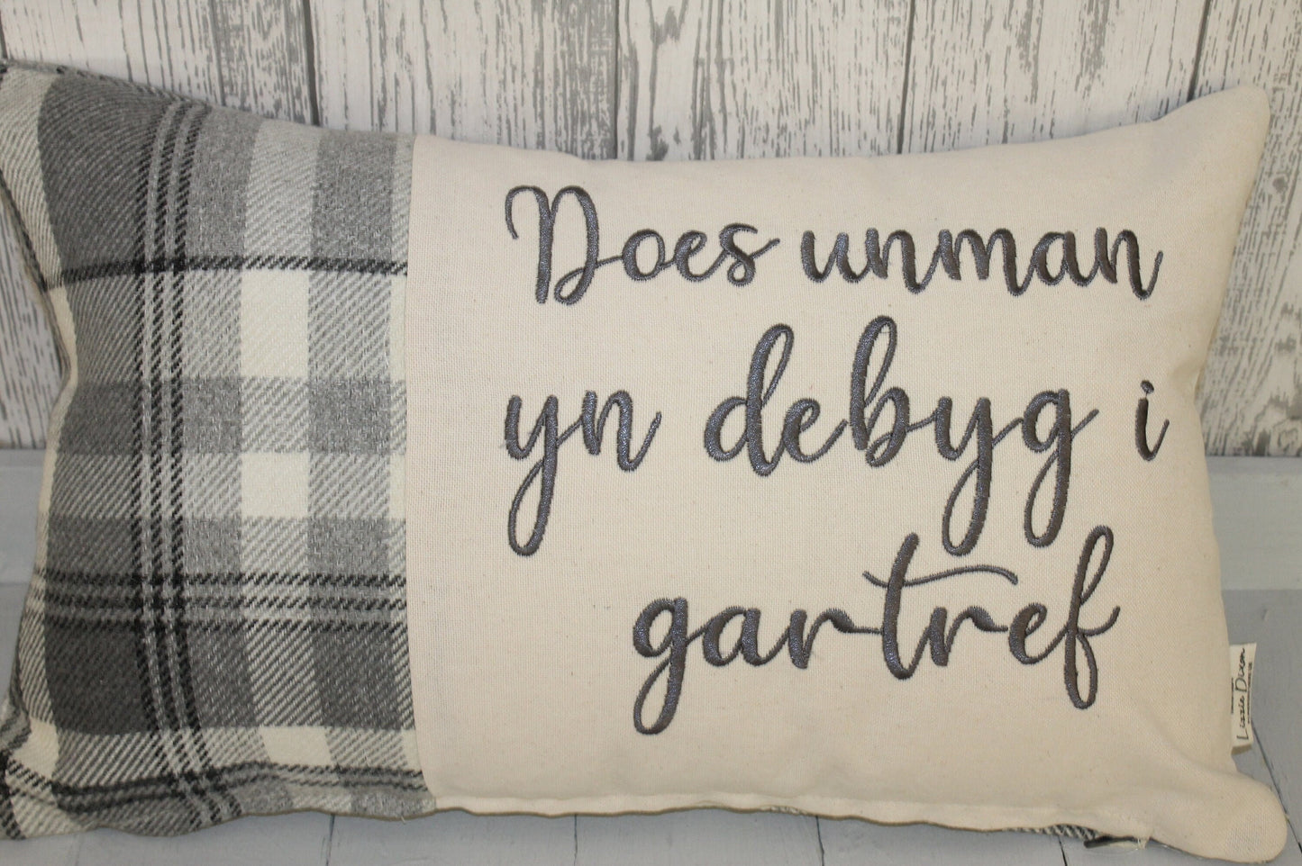 Welsh Quote Personalised Cushion- Quote Cushion- Grey Check Wool touch and Cream long cushion. Personalised cushion-