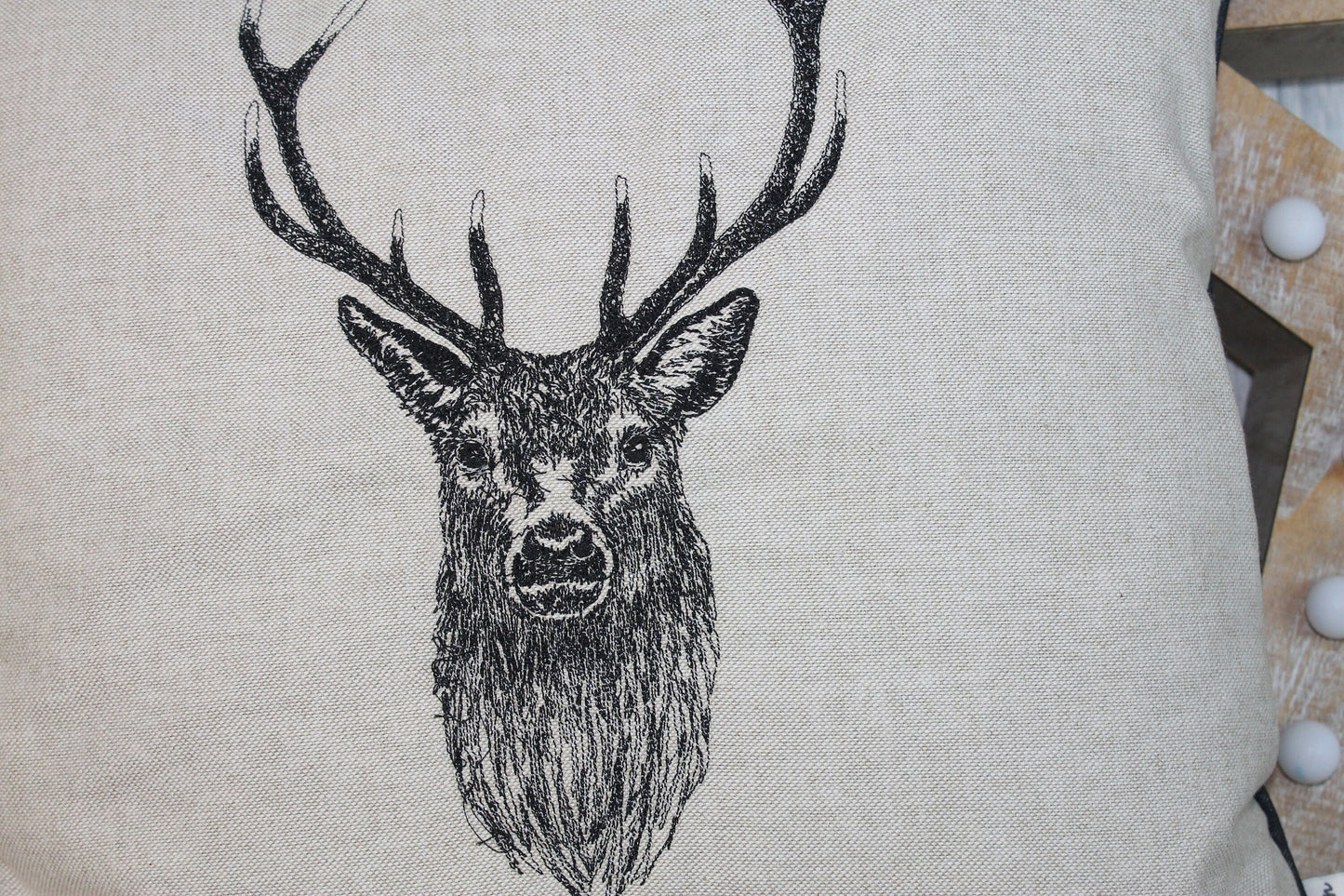 Stags Head- 16” Cushion, Cream, Taupe Cushion, Stag Cushion, Cushion Cover, Piped Cushion British Wildlife collection.