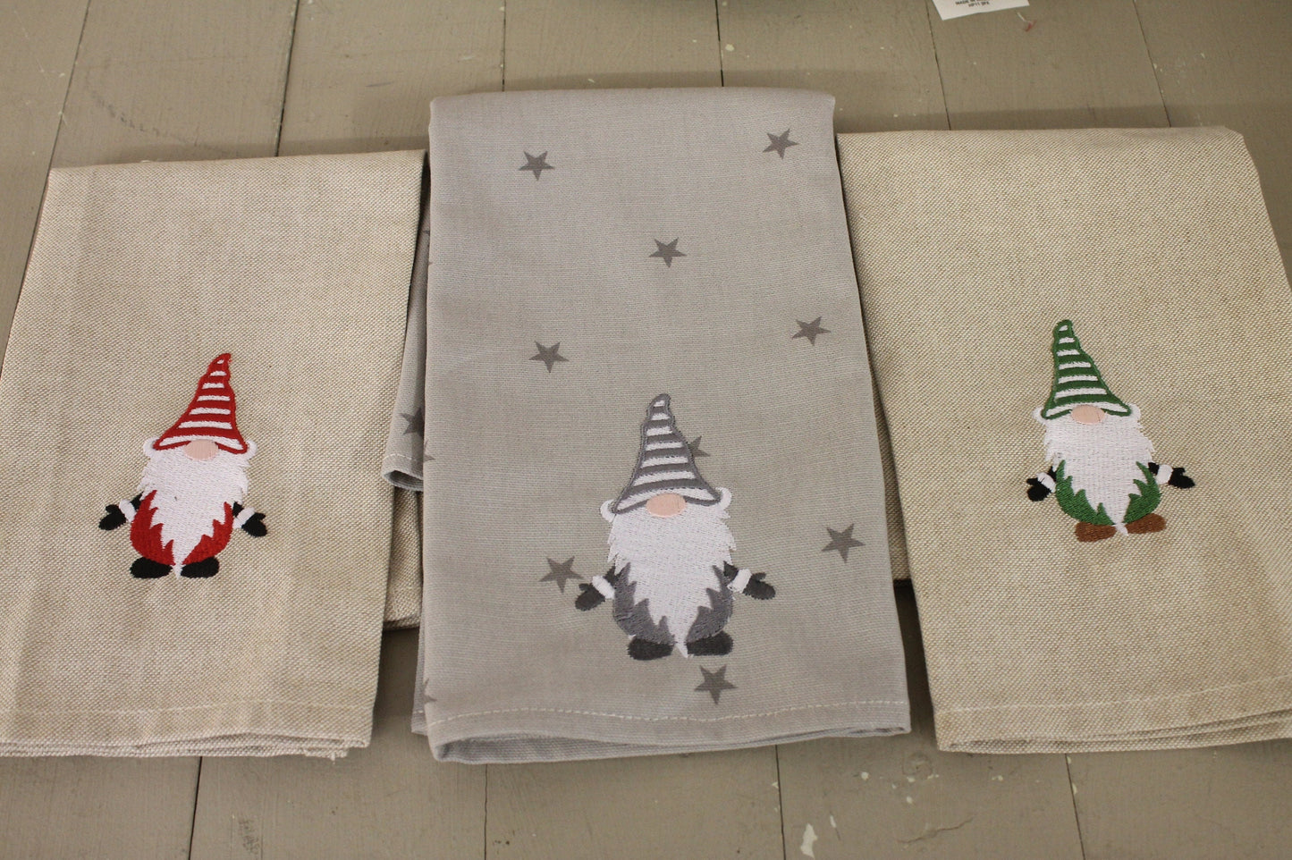 Handmade Tea Towel- Festive Tea Towel-Grey Gnome embroidered tea towel- Grey Stars Tea Towel