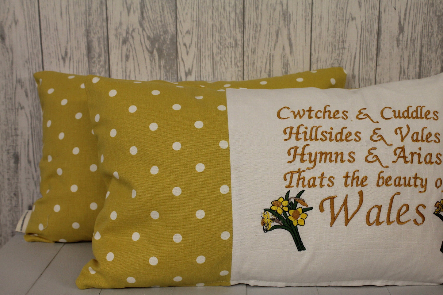 Cwtches & Cuddles Spring Daffodil Cushion- Spring Cushion -Mustard Dotty Panel Long Cushion- Daffodil Cushion- Cwtch Cushion- Welsh Cushion
