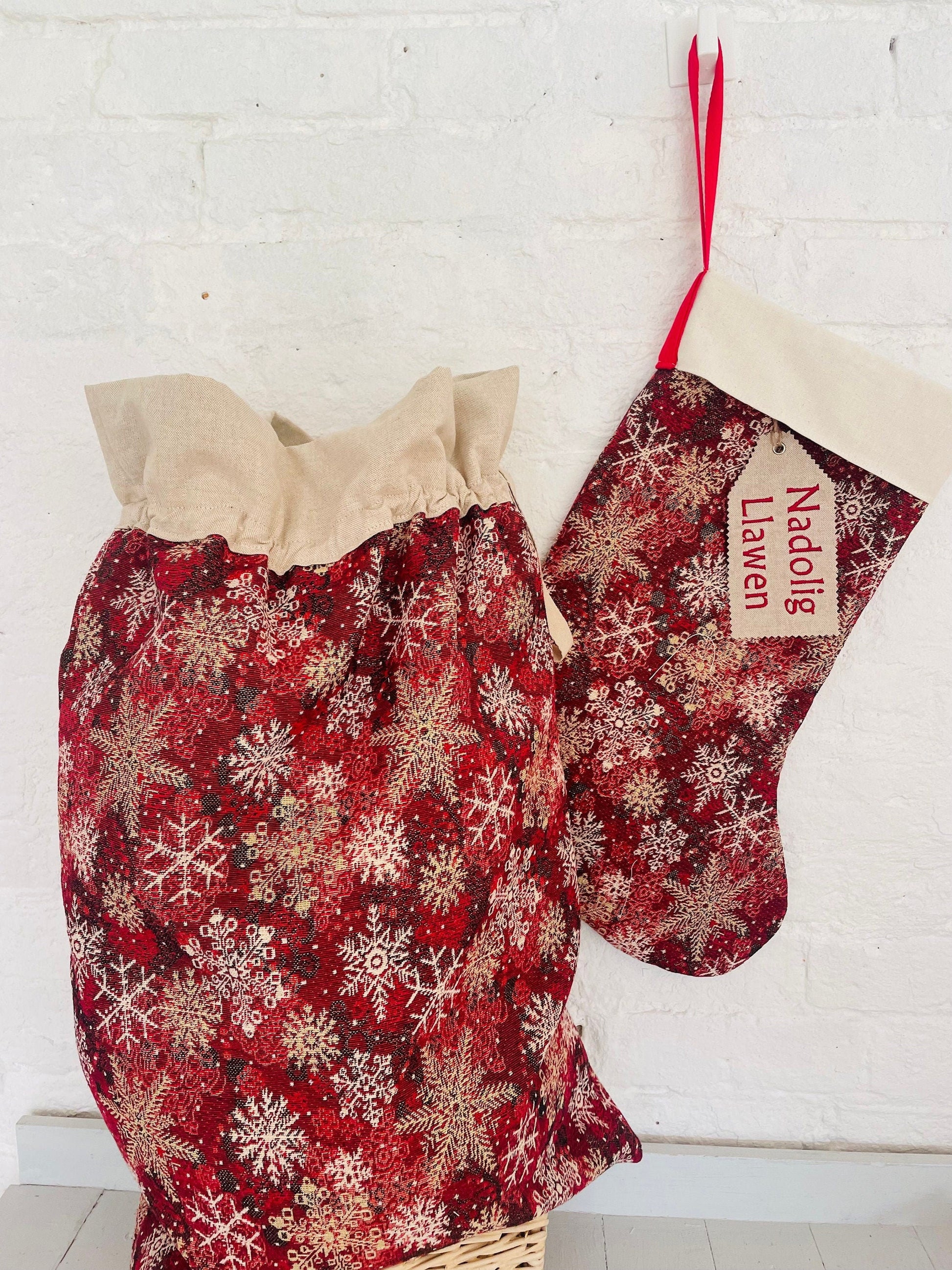 Luxe Snowflake red and gold Tapestry Christmas Sack Nadolig Llawen- personalised Sack