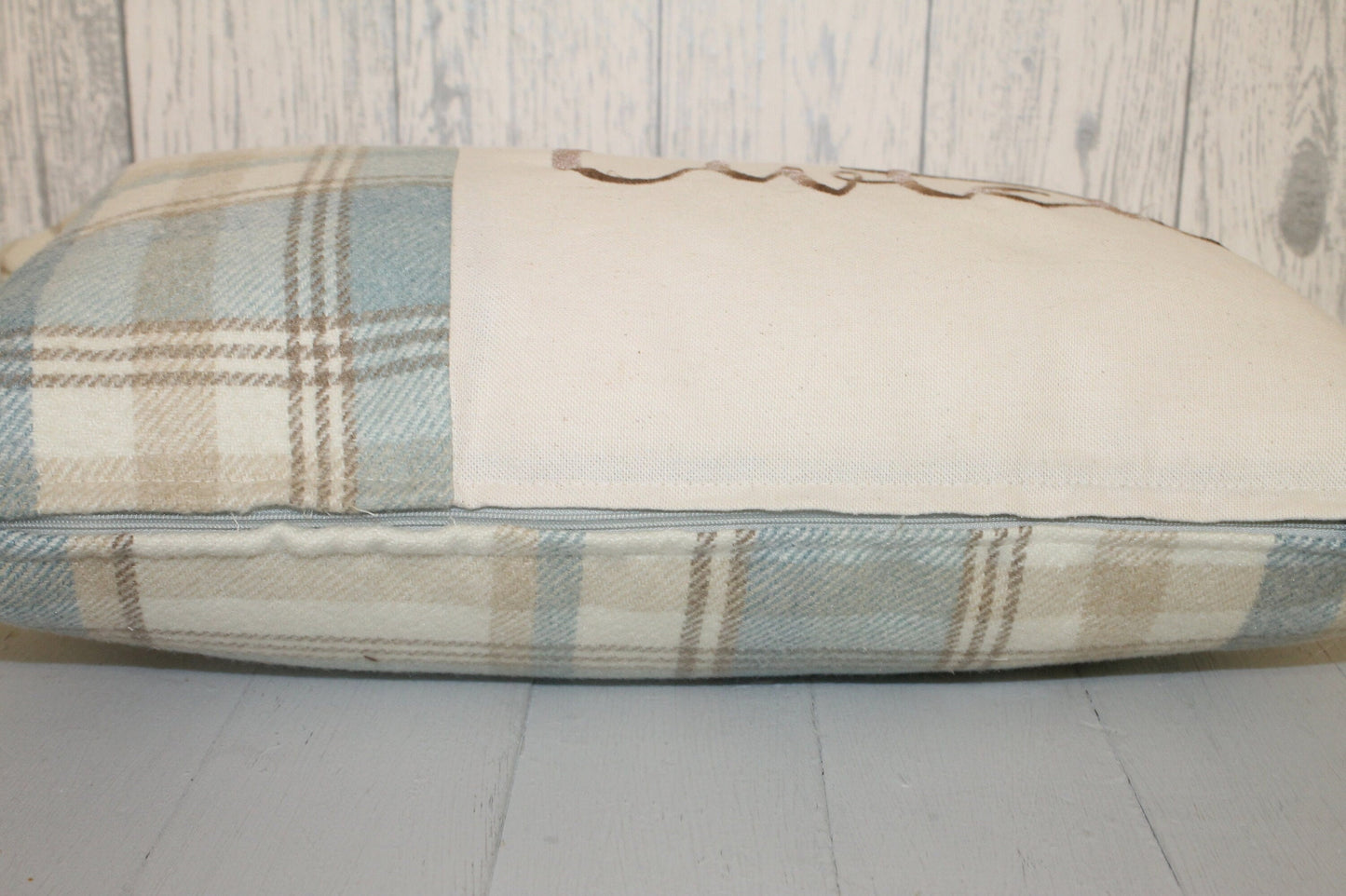 Cwtch Cushion-Personalised Cushion- Quote Cushion-Blue Wool touch & Cream long cushion.