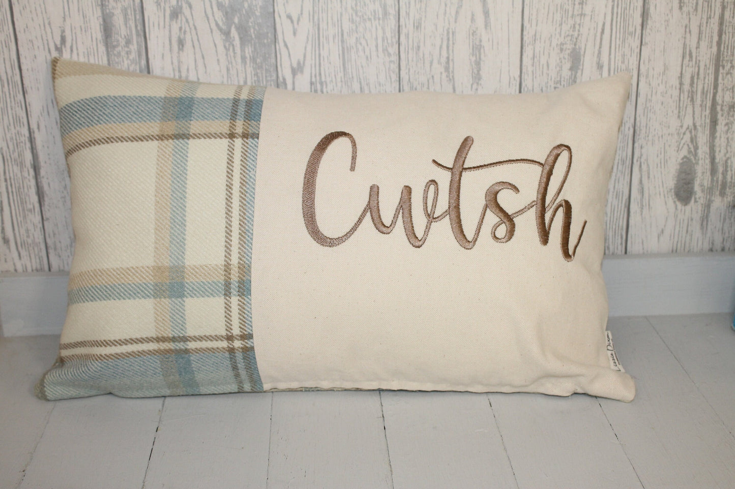 Cwtch Cushion-Personalised Cushion- Quote Cushion-Blue Wool touch & Cream long cushion.