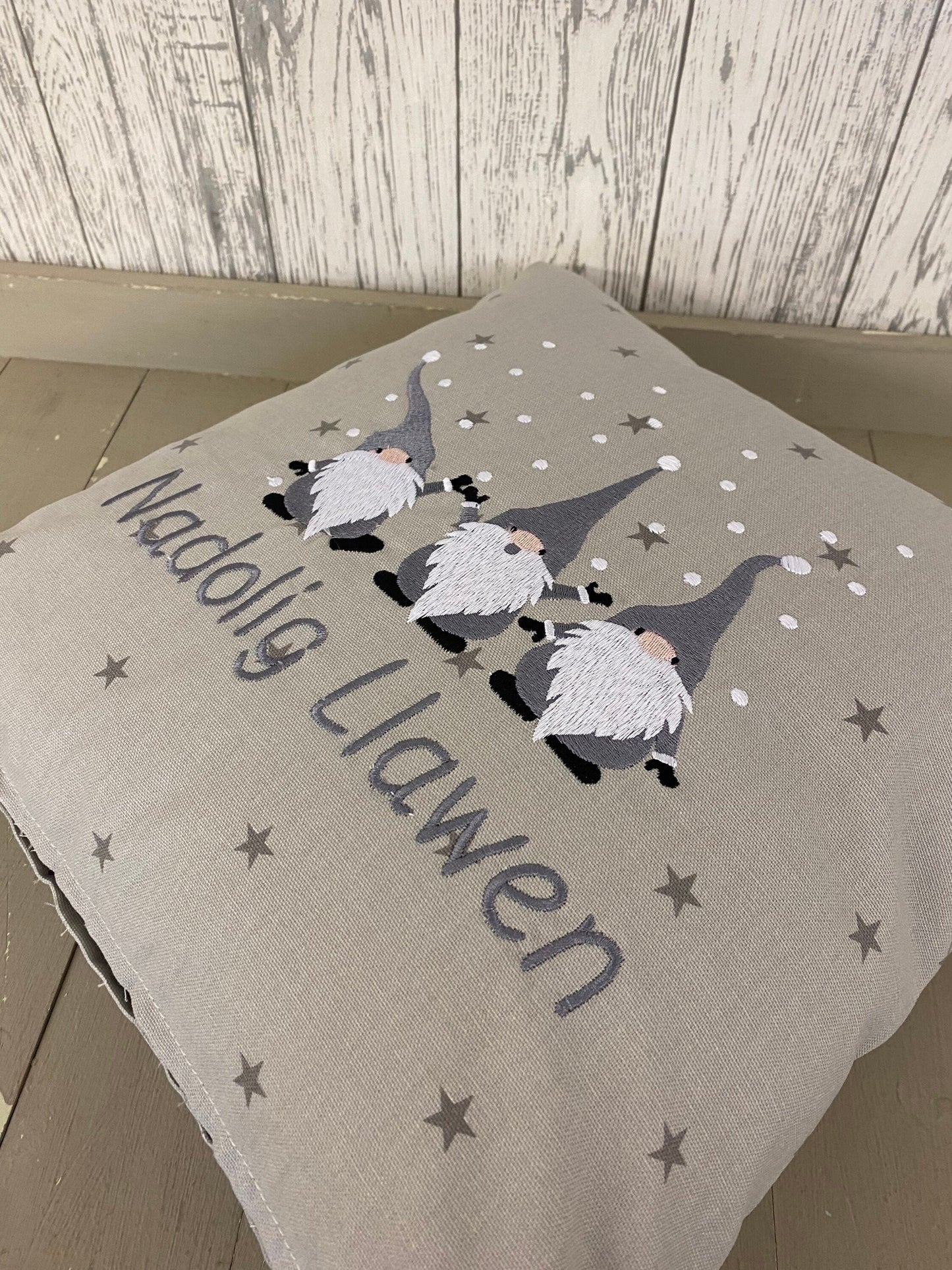 16" Christmas Gnomes Cushion, Nadolig Llawen Festive Cushion-Festive Gnomes- Christmas Gnomes- Grey Gnomes
