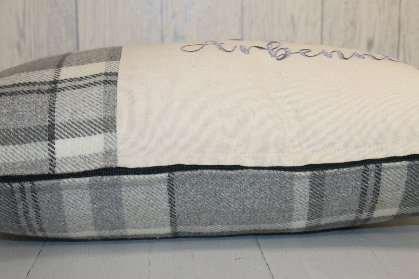 Mamgu Cushion-Personalised Cushion- Quote Cushion-Grey Check Wool touch & Cream long cushion. Personalised mother's day