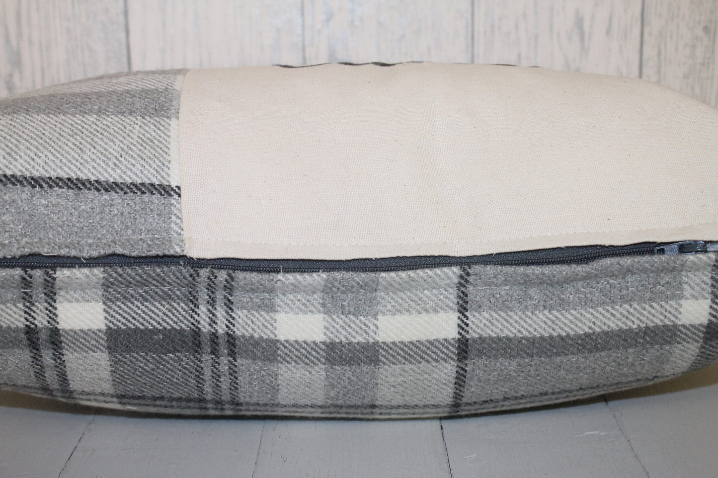 Cartref calon a chariad Cushion-Personalised Cushion- Quote Cushion- Grey Check Wool touch and Cream long cushion. Personalised cushion