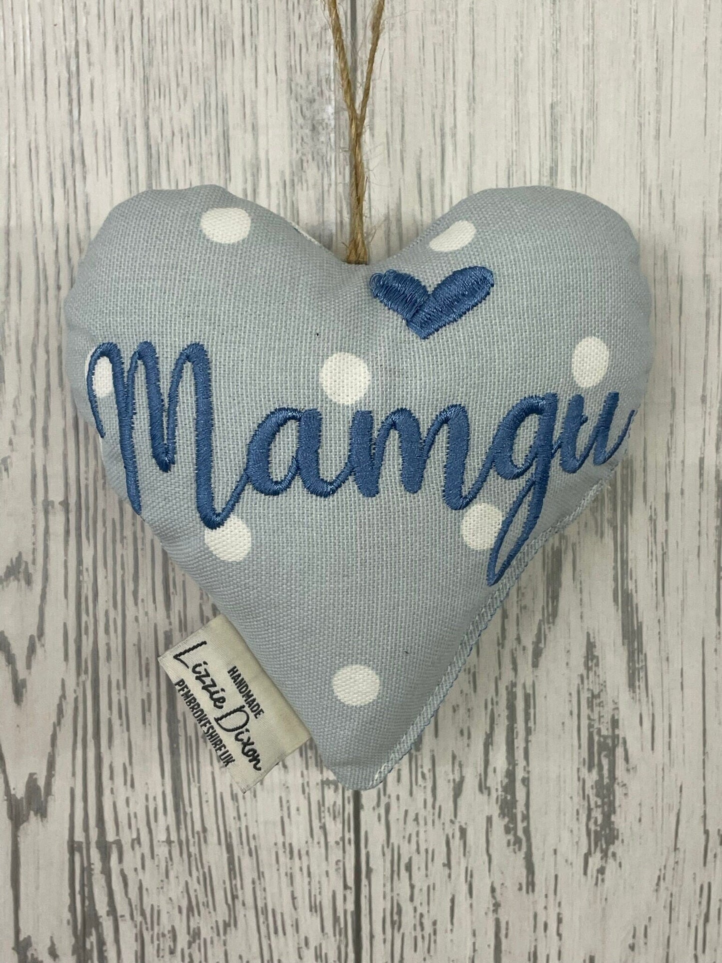 Mother's Day Decorative Hanging Heart- Mum Personalised Mother's Day Gift-Pale Blue Dotty and Floral Stuffed Lavender hanging Heart