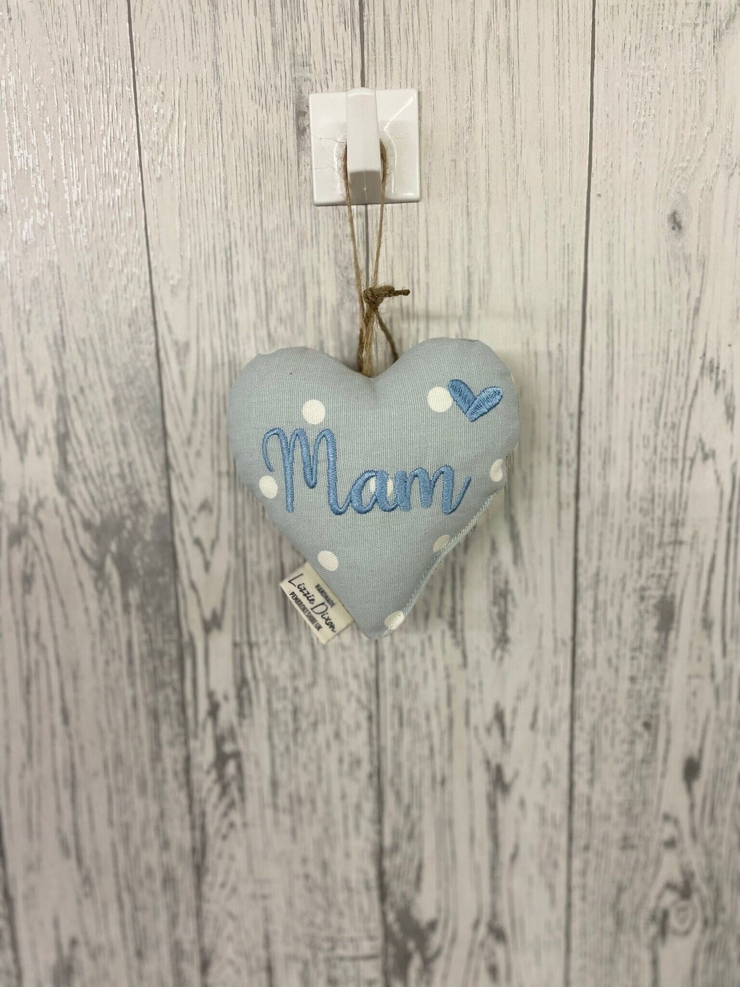 Mother's Day Decorative Hanging Heart- Mum Personalised Mother's Day Gift-Pale Blue Dotty and Floral Stuffed Lavender hanging Heart