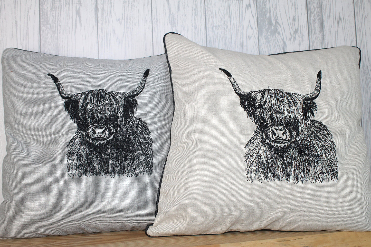 Highland Cow Cushion, Cream/Taupe Piped Embroidered Cushion - Lizzie Dixon Designs