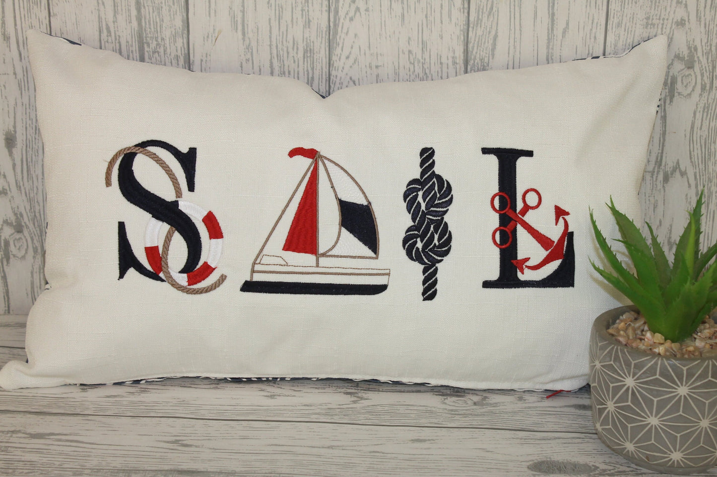 Sale long cushion-Sale nautical cushion on white linen and wave fabric