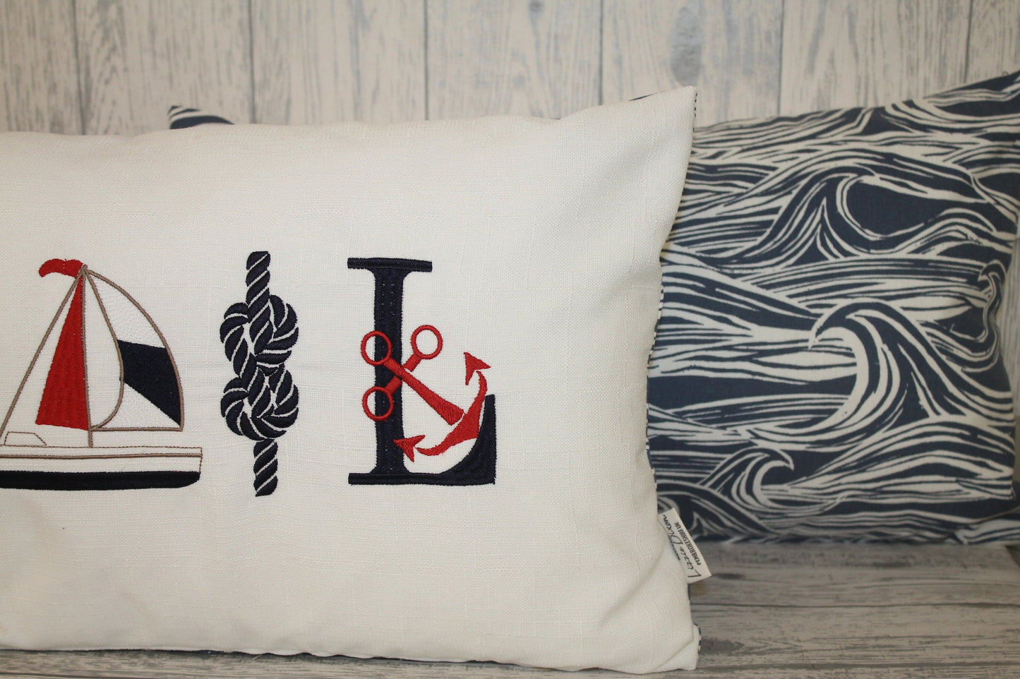 Sale long cushion-Sale nautical cushion on white linen and wave fabric
