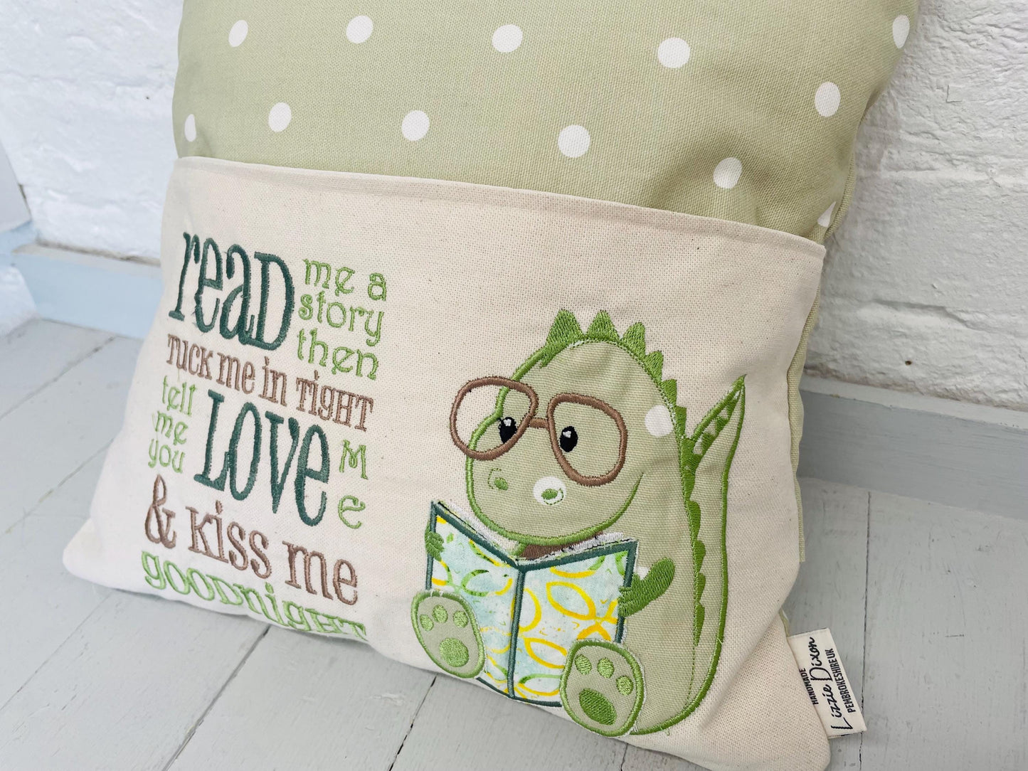 Book Cushion-Children's Reading Pillow~Personalised Cushion with Pocket-Cute Dino reading Pillow~Book Lovers Gift~Travel Pillow-