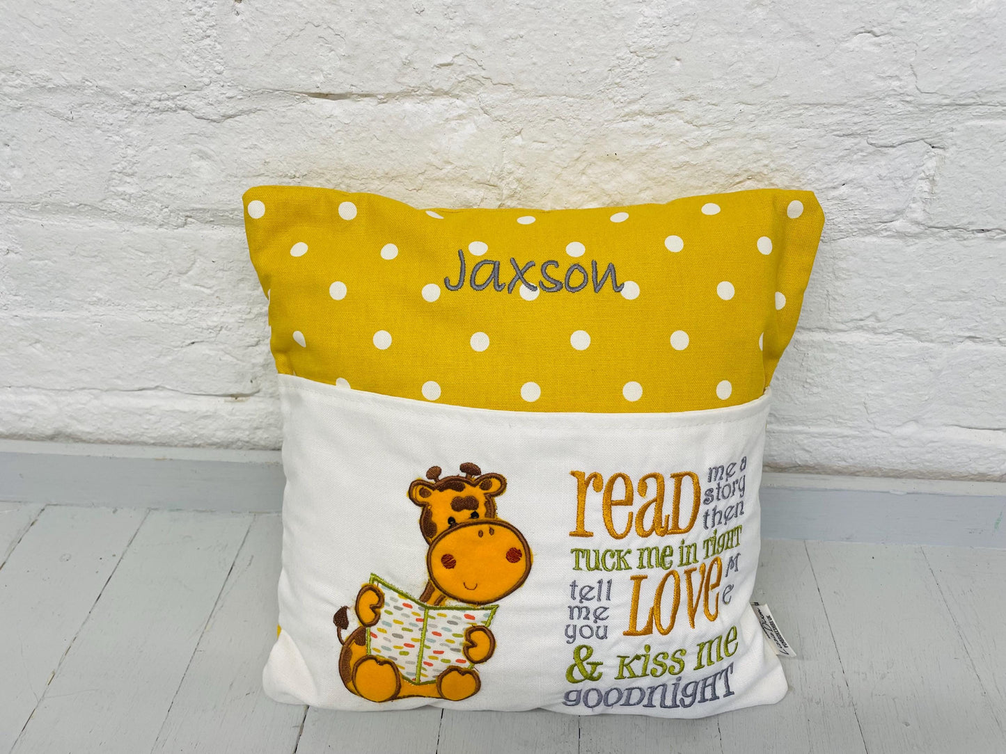 Book Cushion-Children's Reading Pillow~Personalised Cushion with Pocket-Giraffe reading Pillow~Book Lovers Gift~Travel Pillow-