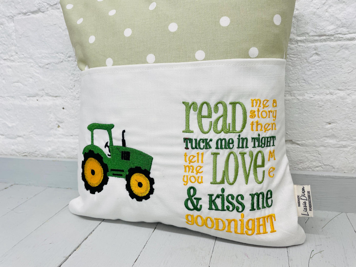 Book Cushion-Children's Reading Pillow~Personalised Cushion with Pocket-Green Tractor Pillow~Book Lovers Gift~Travel Pillow-