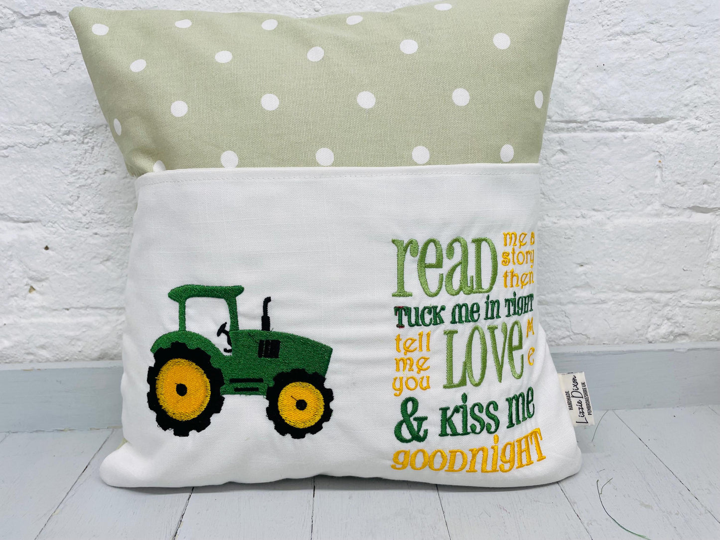 Book Cushion-Children's Reading Pillow~Personalised Cushion with Pocket-Green Tractor Pillow~Book Lovers Gift~Travel Pillow-