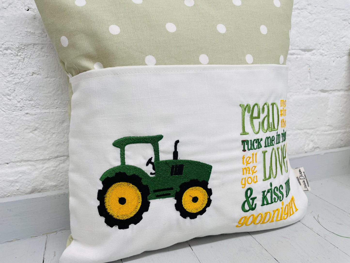 Book Cushion-Children's Reading Pillow~Personalised Cushion with Pocket-Green Tractor Pillow~Book Lovers Gift~Travel Pillow-