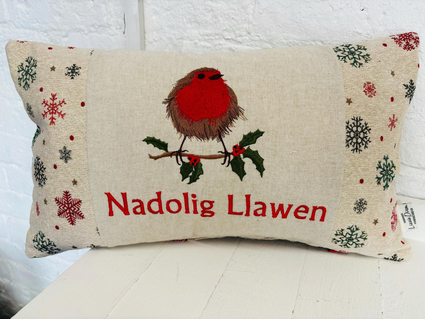 Christmas Robin ,fluffy Robin embroidered cushion Nadolig Llawen -Luxe Snowflake with Gold thread Tapestry