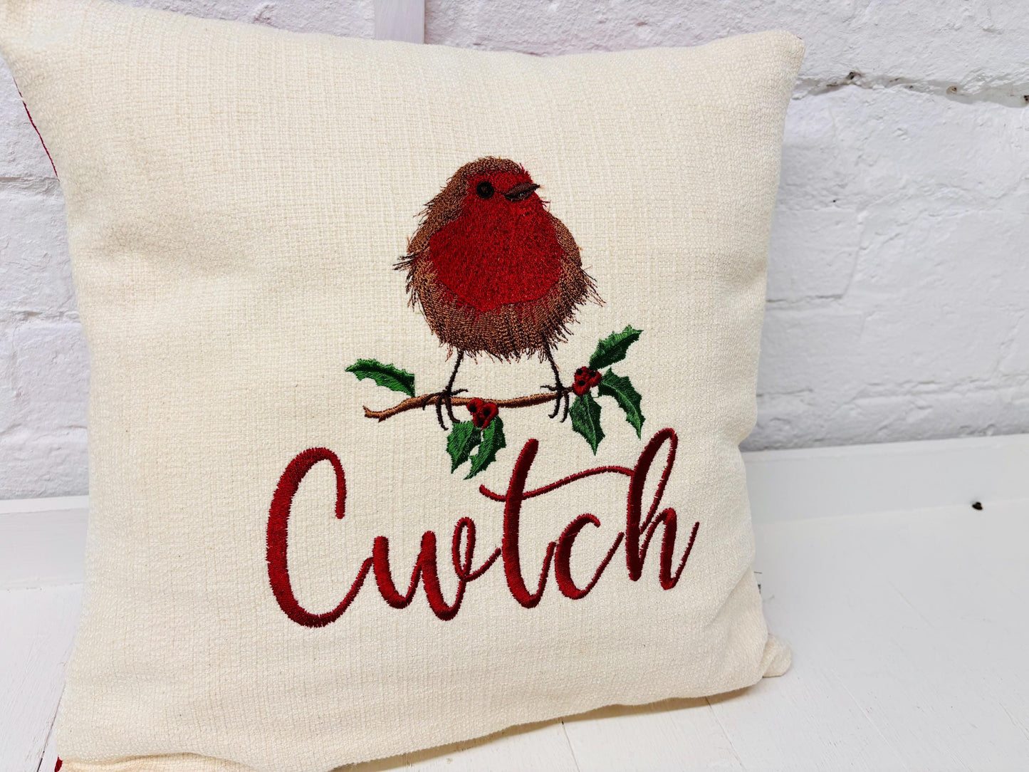 16" Robin Cushion . Cream and Red Cushion.