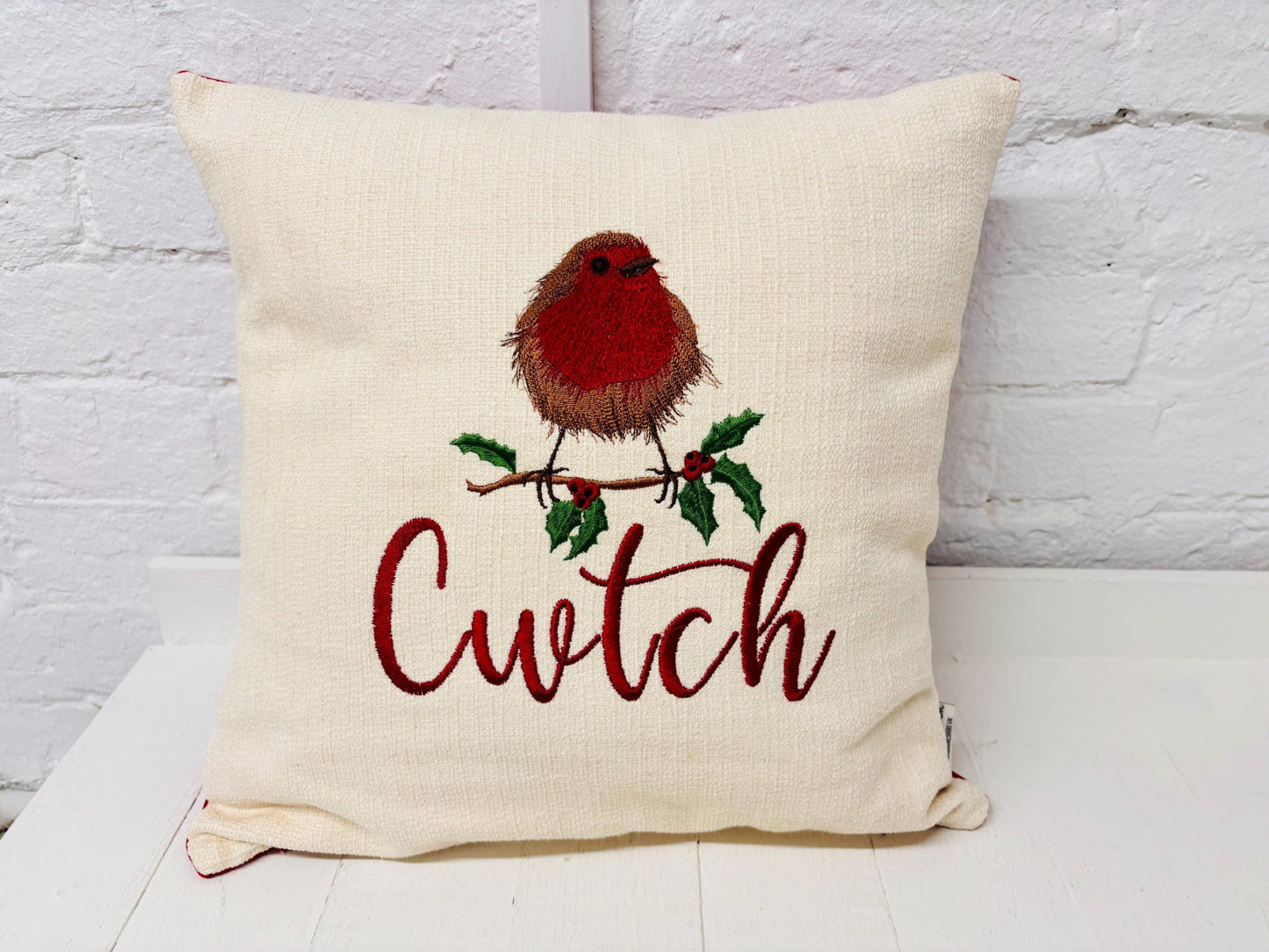 16" Robin Cushion . Cream and Red Cushion.