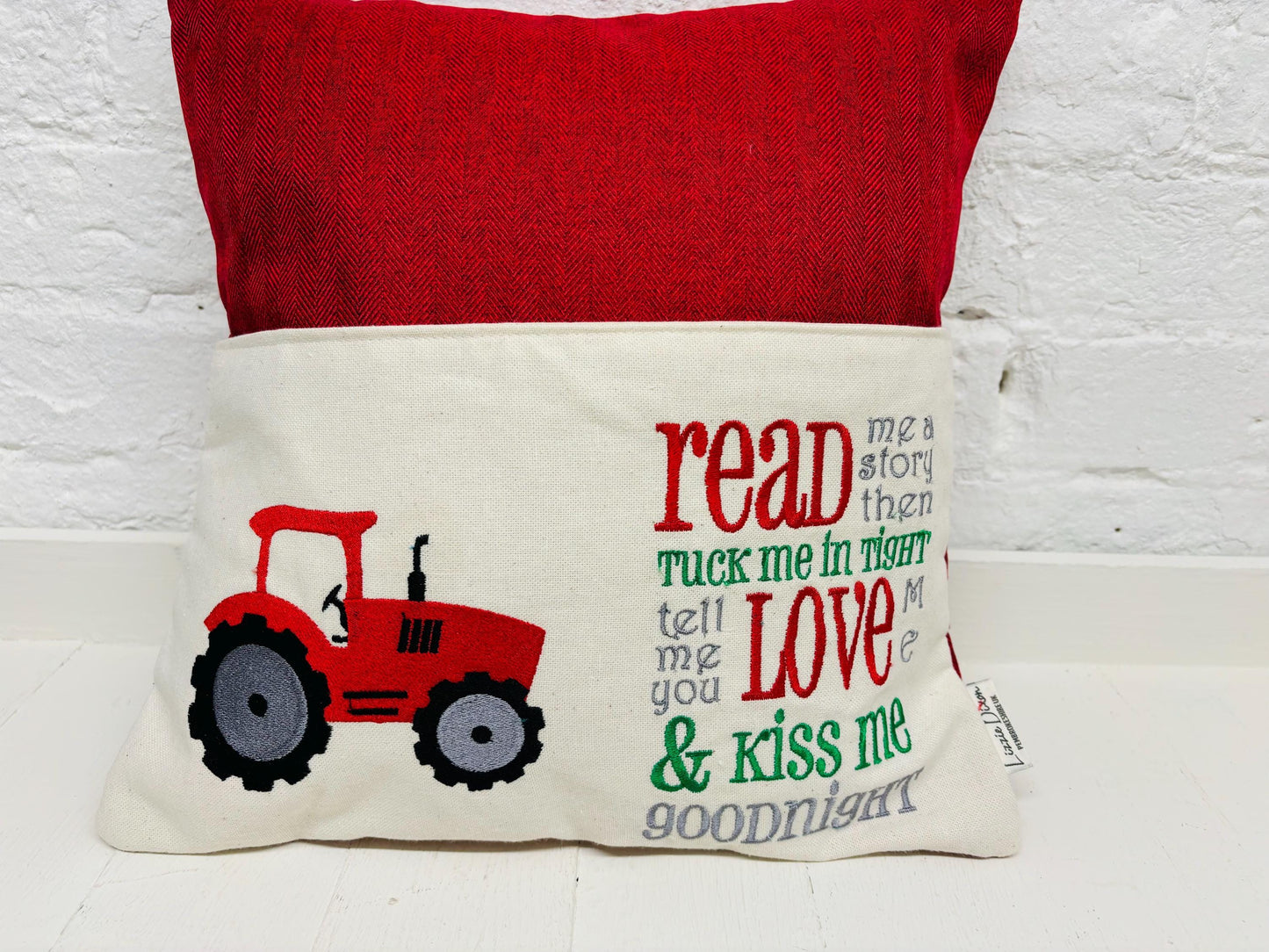 Book Cushion-Children's Reading Pillow~Personalised Cushion with Pocket-Red tractor reading Pillow~Book Lovers Gift~Travel Pillow-