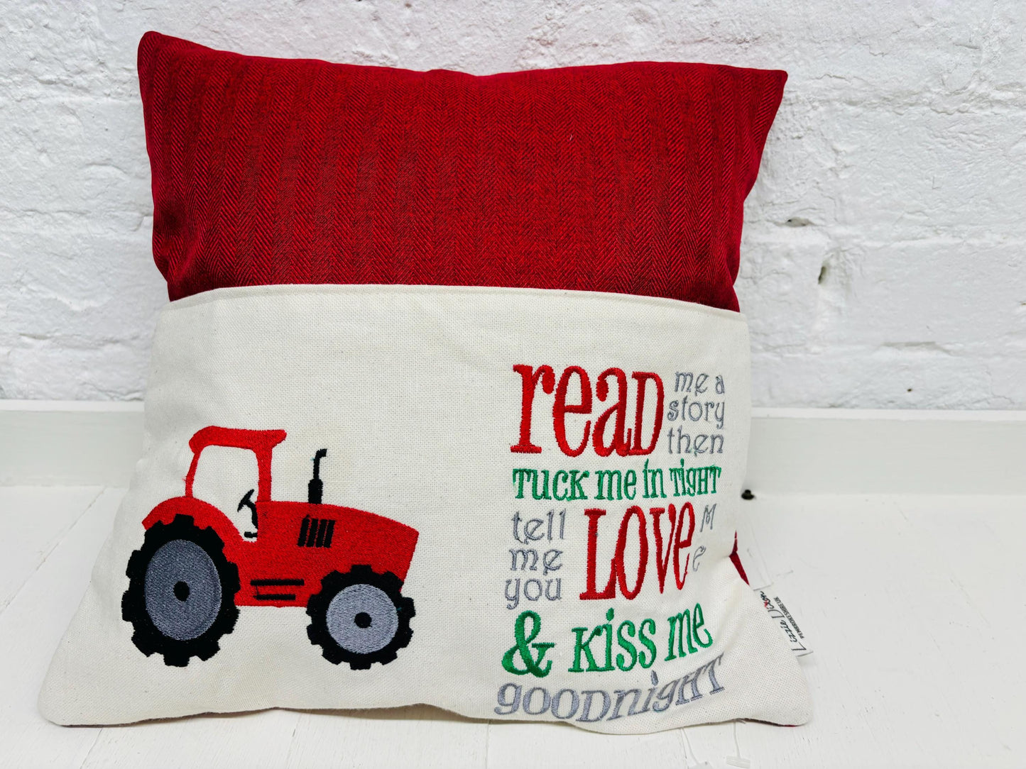 Book Cushion-Children's Reading Pillow~Personalised Cushion with Pocket-Red tractor reading Pillow~Book Lovers Gift~Travel Pillow-