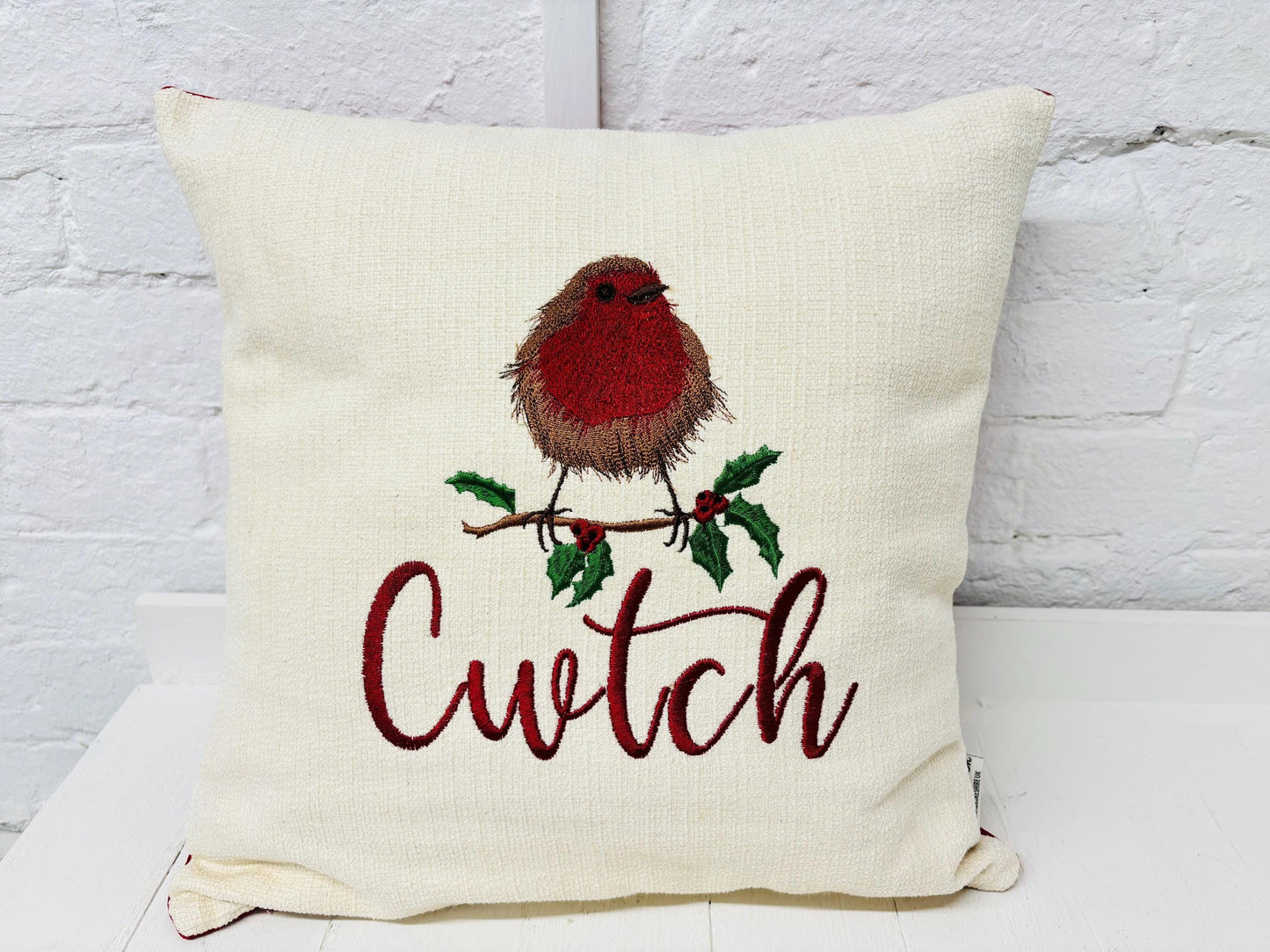 16" Robin Cushion . Cream and Red Cushion.