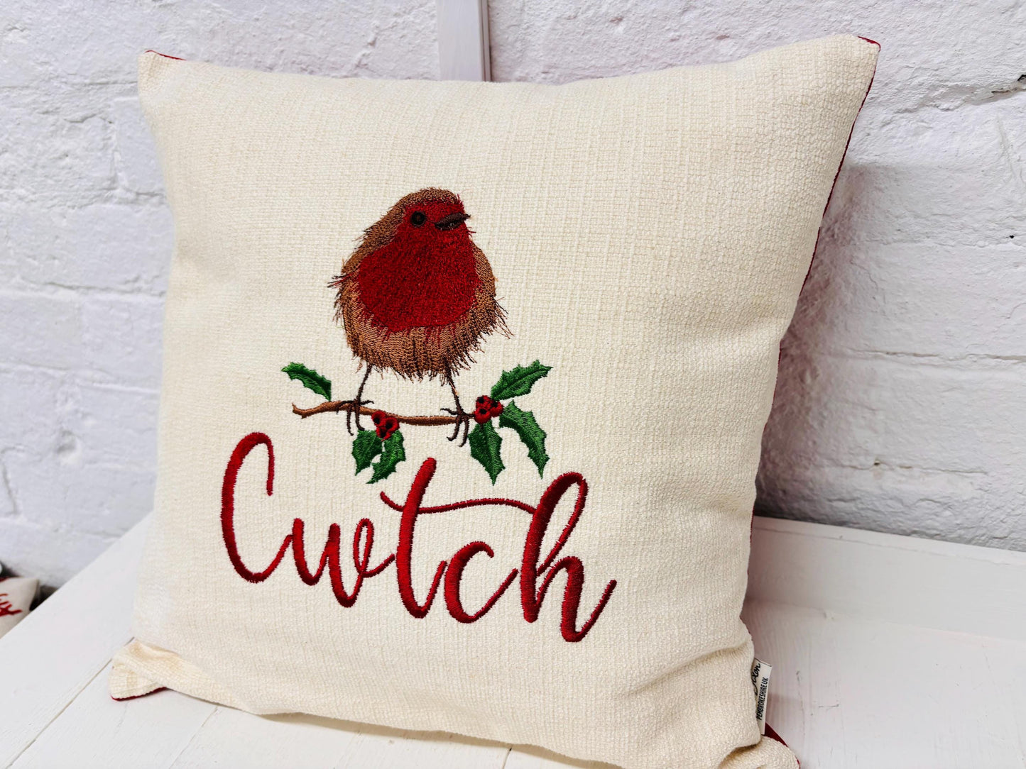16" Robin Cushion . Cream and Red Cushion.
