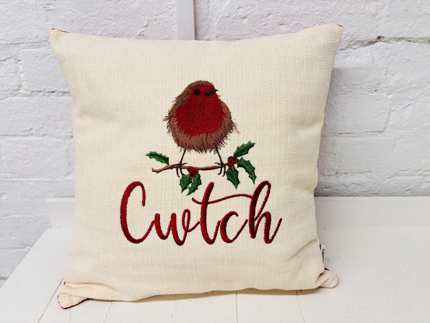 16" Robin Cushion . Cream and Red Cushion.