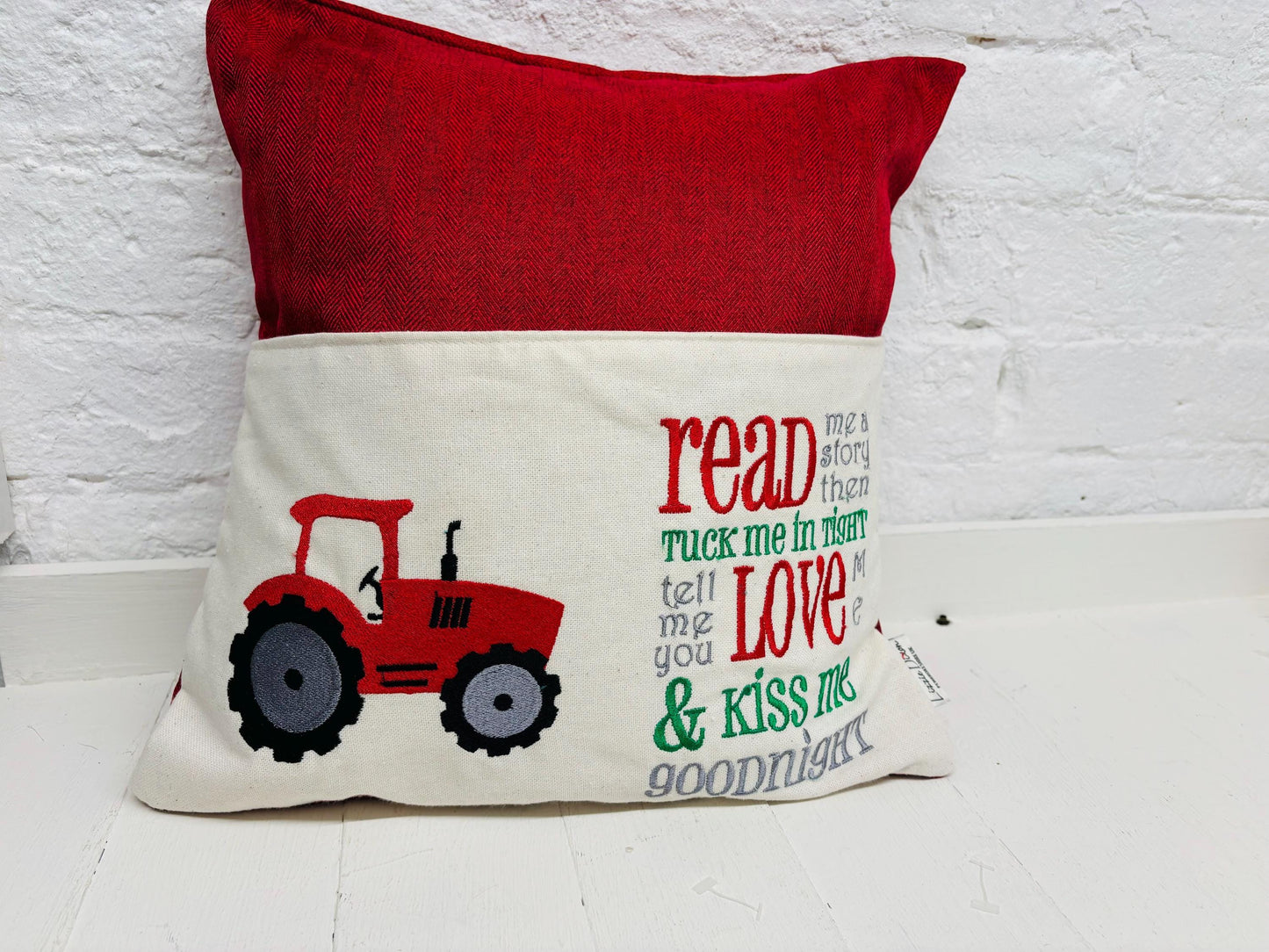 Book Cushion-Children's Reading Pillow~Personalised Cushion with Pocket-Red tractor reading Pillow~Book Lovers Gift~Travel Pillow-