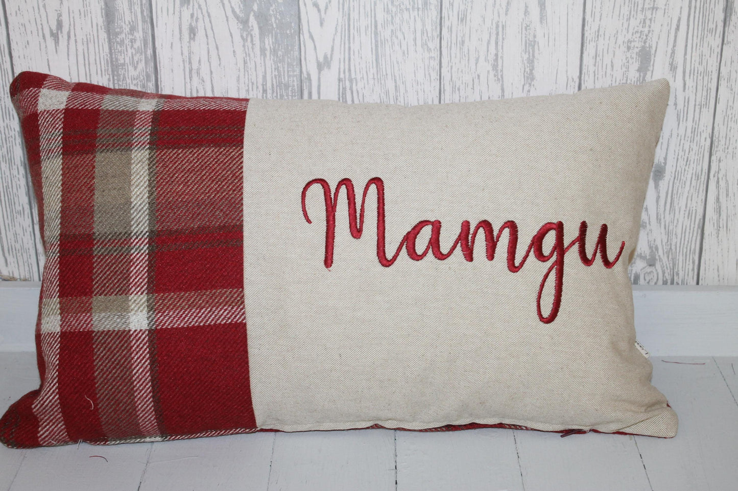 Mamgu Cushion-Personalised Cushion- Quote Cushion-Grey Check Wool touch & Cream long cushion. Personalised mother's day