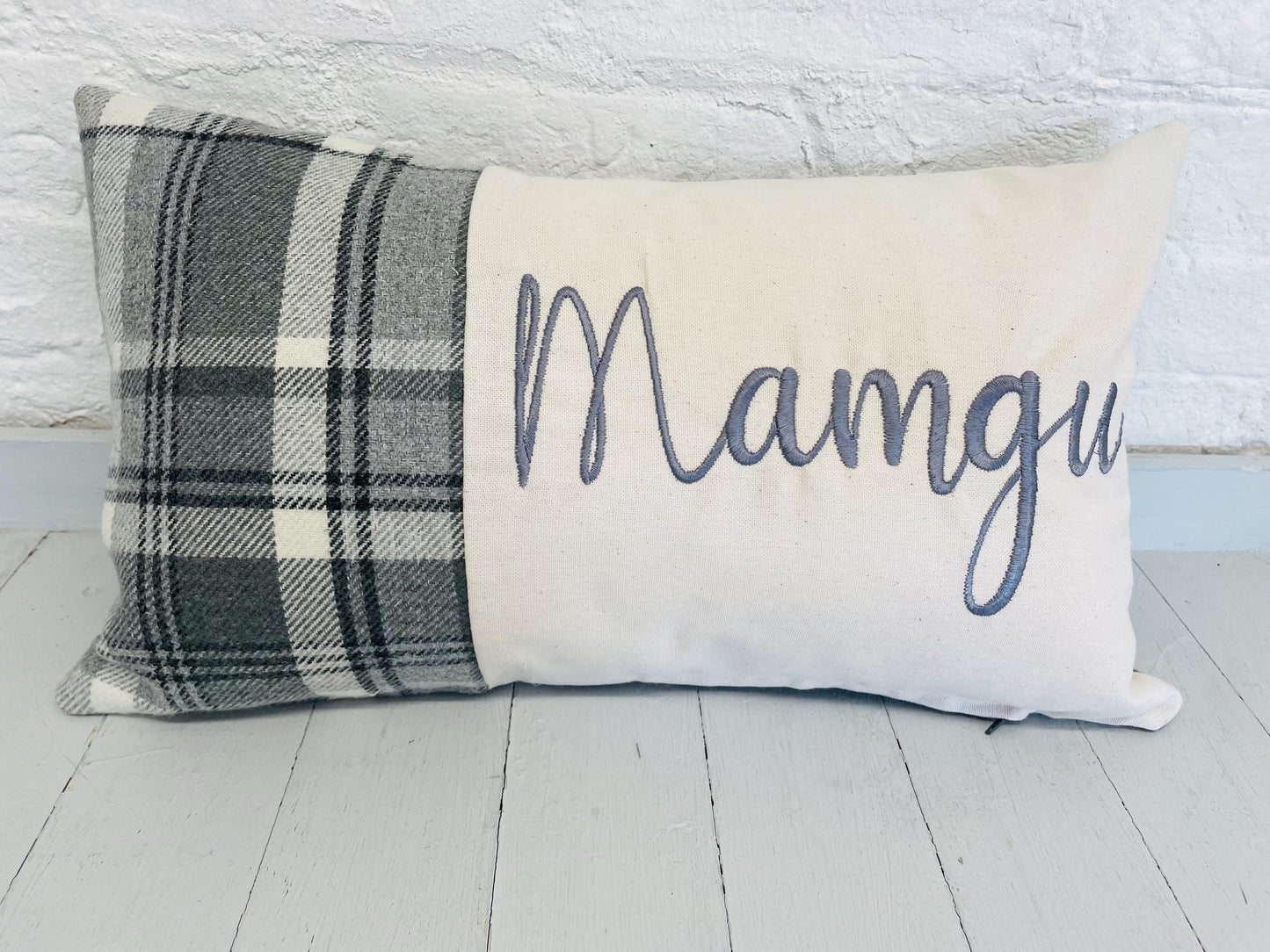 Mamgu Cushion-Personalised Cushion- Quote Cushion-Grey Check Wool touch & Cream long cushion. Personalised mother's day