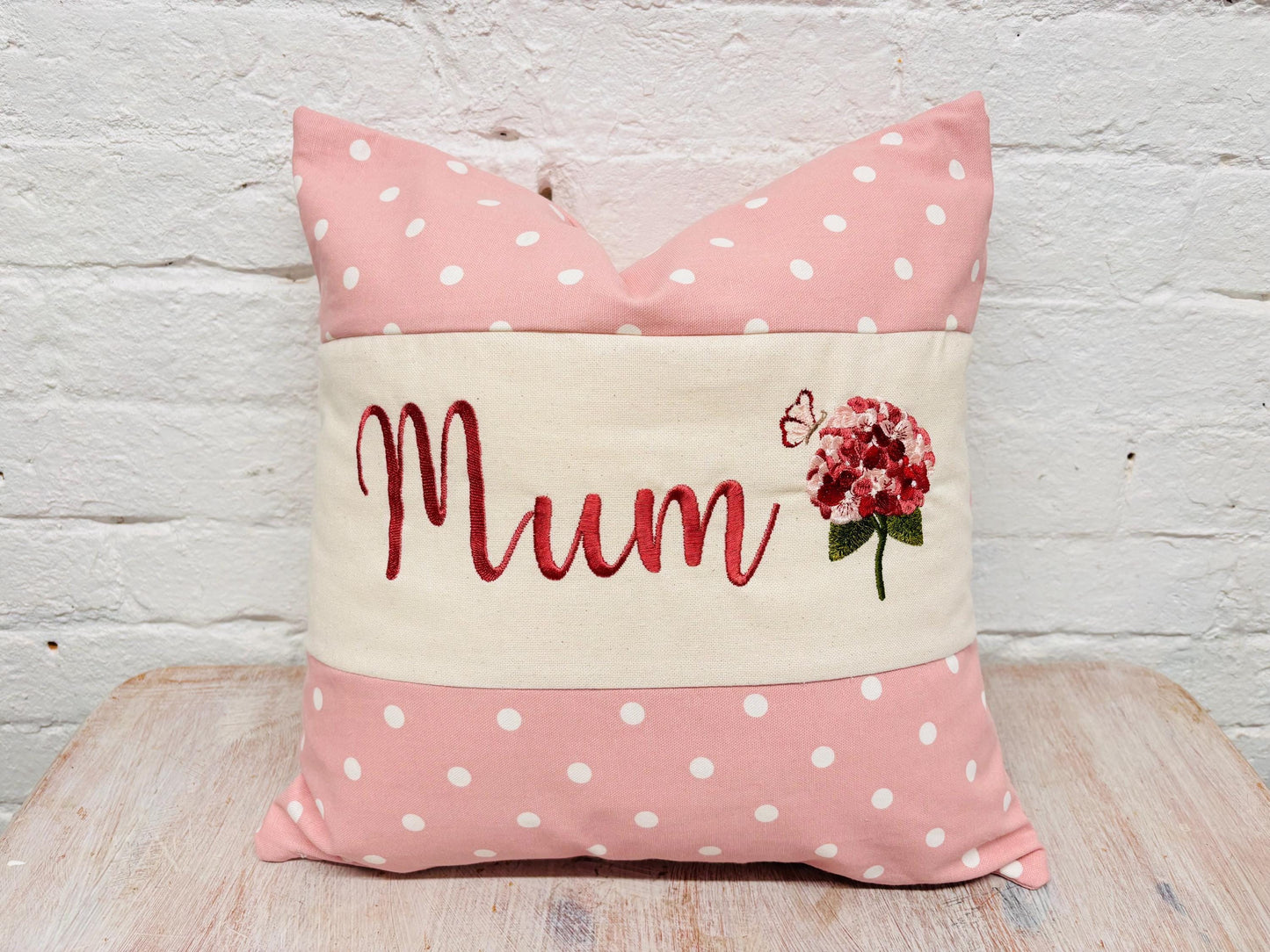 Pink Dotty with Hydrangae Mother's Day Cushion 16” Square cushion
