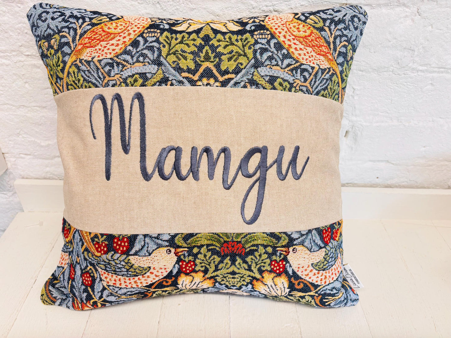 William Morris Strawberry Thief Tapestry Mother’s Gift, Personalised Cushion, Gift for Mum.