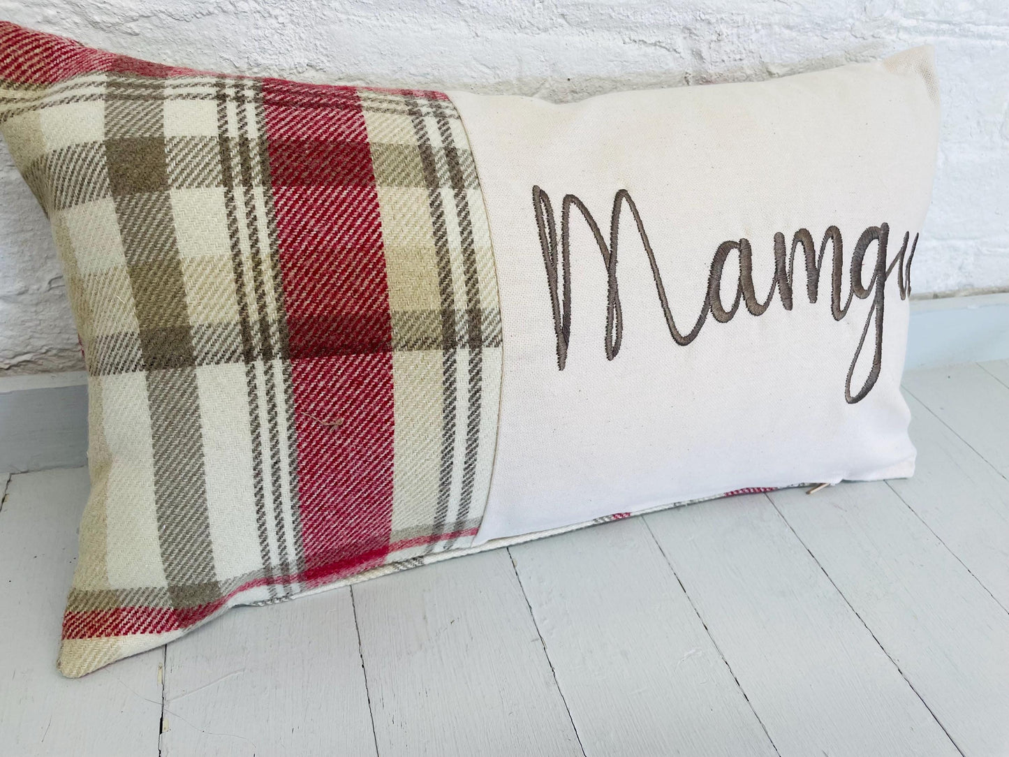 Mamgu Cushion-Personalised Cushion- Quote Cushion-Grey Check Wool touch & Cream long cushion. Personalised mother's day