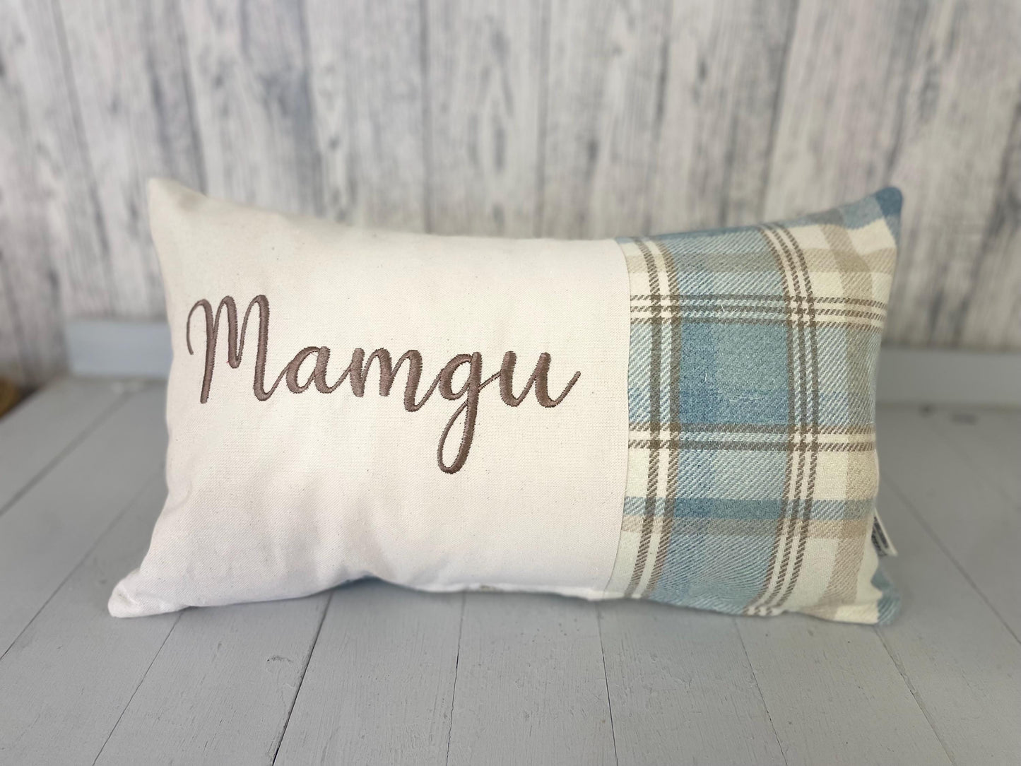 Mamgu Cushion-Personalised Cushion- Quote Cushion-Grey Check Wool touch & Cream long cushion. Personalised mother's day