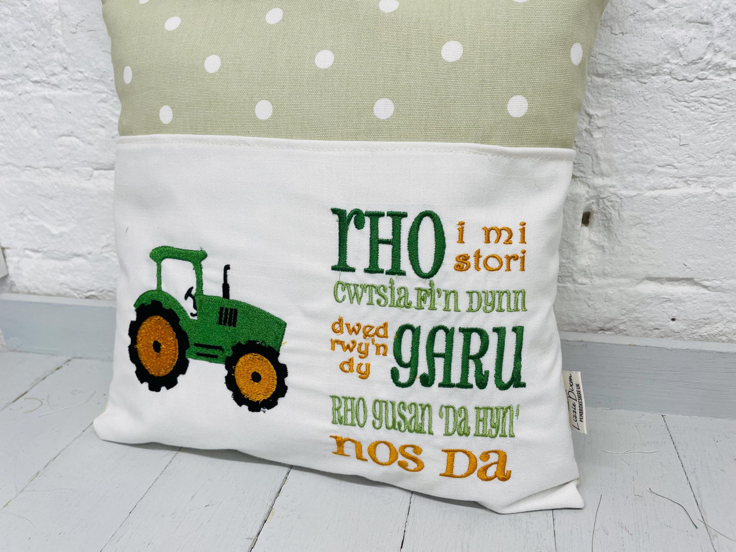 Book Cushion-Children's Reading Pillow~Personalised Cushion with Pocket-Green Tractor Pillow~Book Lovers Gift~Travel Pillow-