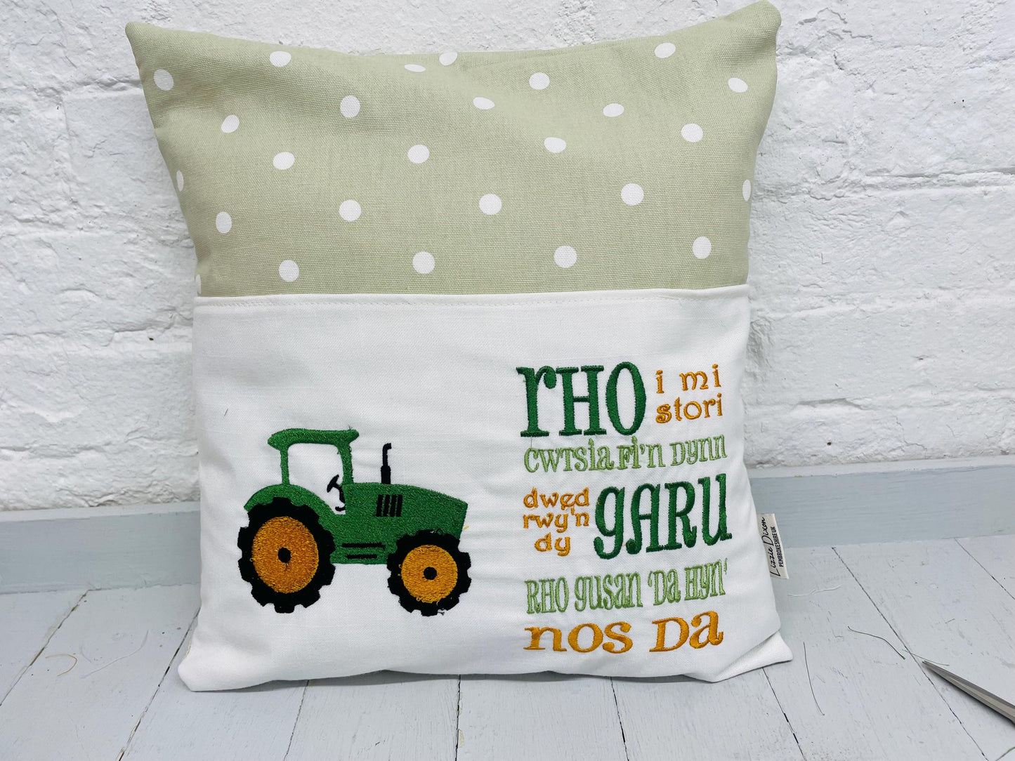Book Cushion-Children's Reading Pillow~Personalised Cushion with Pocket-Green Tractor Pillow~Book Lovers Gift~Travel Pillow-