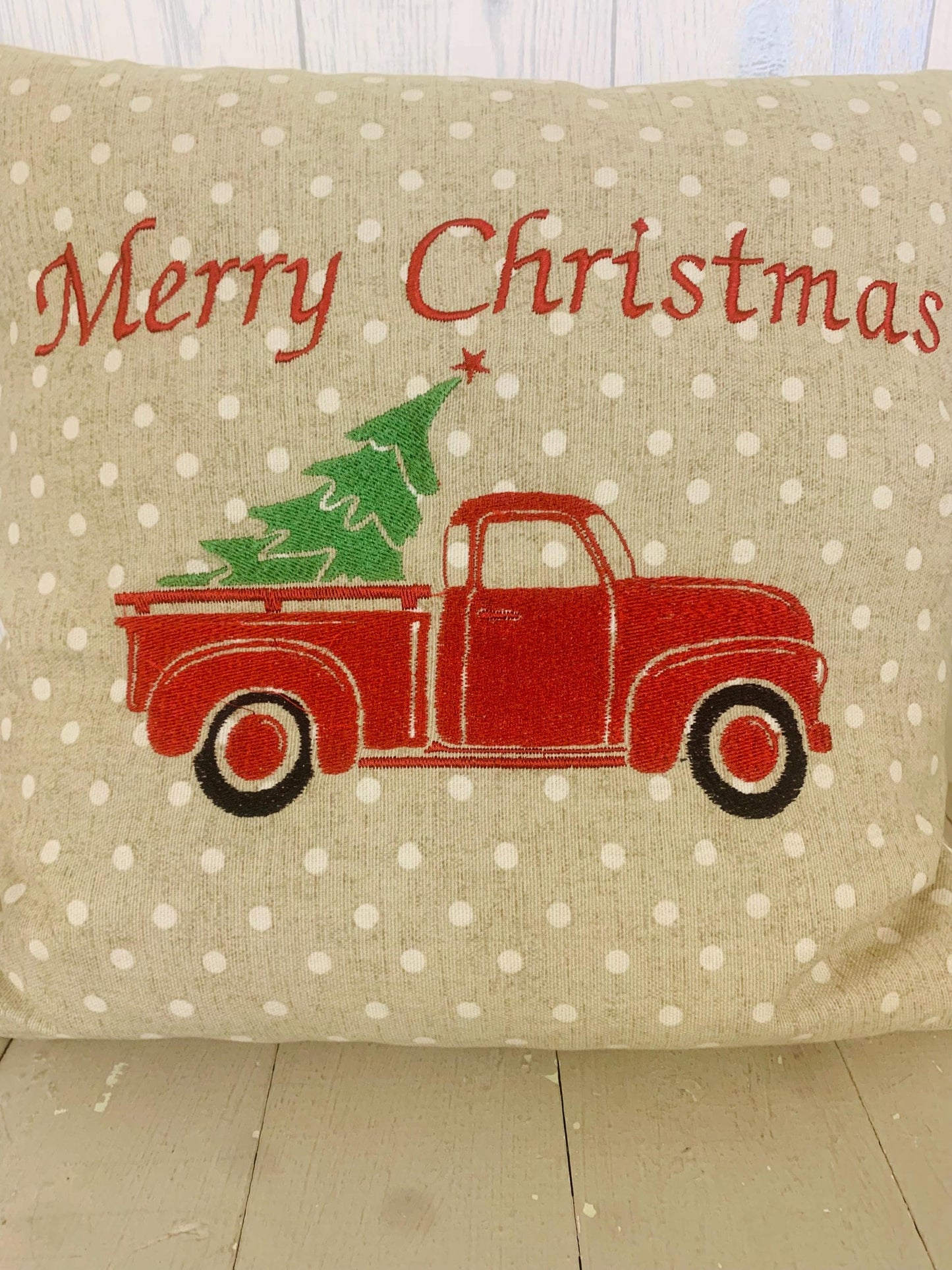Festive truck with Christmas tree merry Christmas Cushion. Festive Cushion -Best way to spread Christmas cheer. Christmas Cushion.