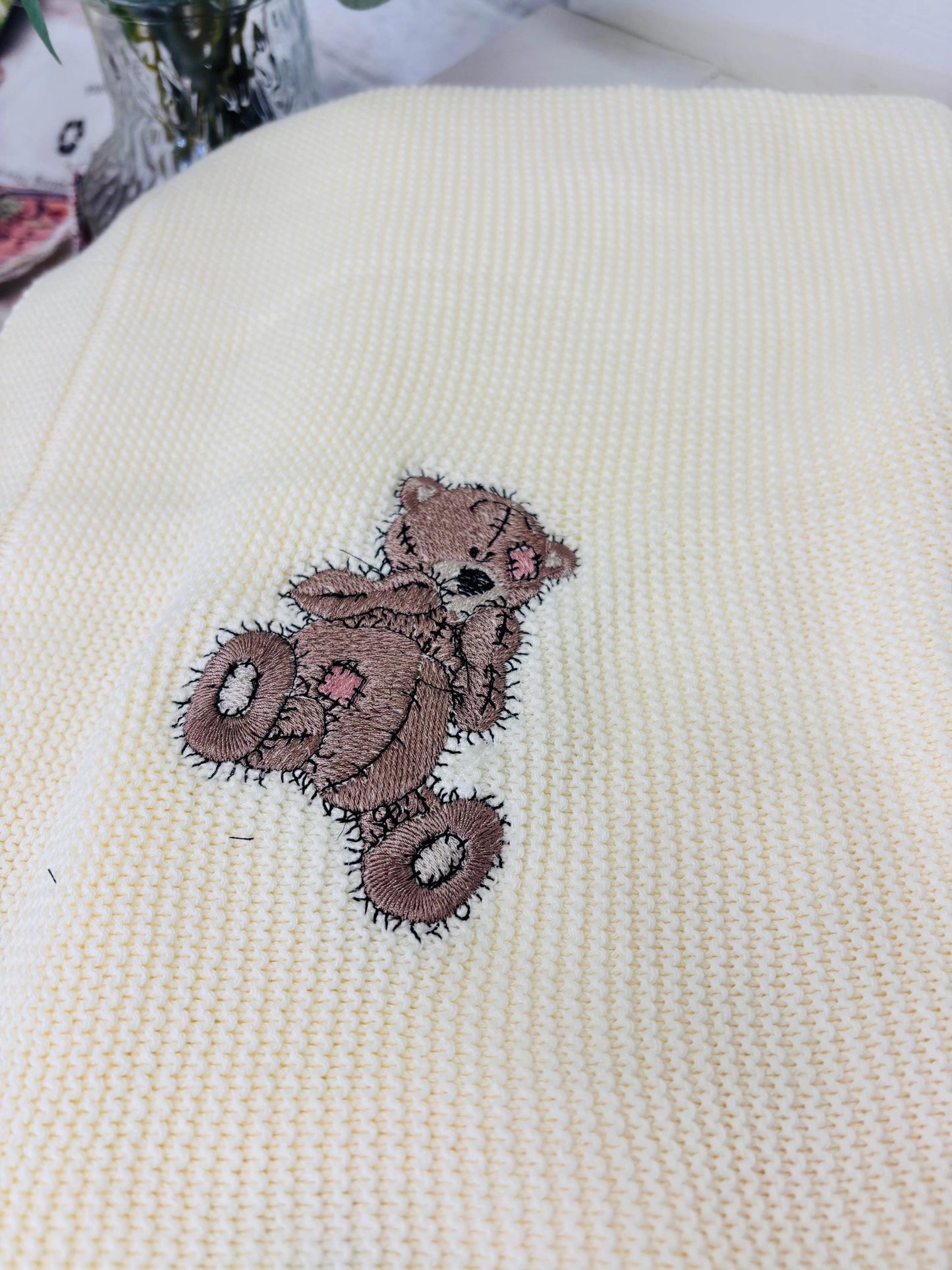 Soft Cream soft Knitted Baby blanket- with a cute Teddy embroidered with a name Personalised