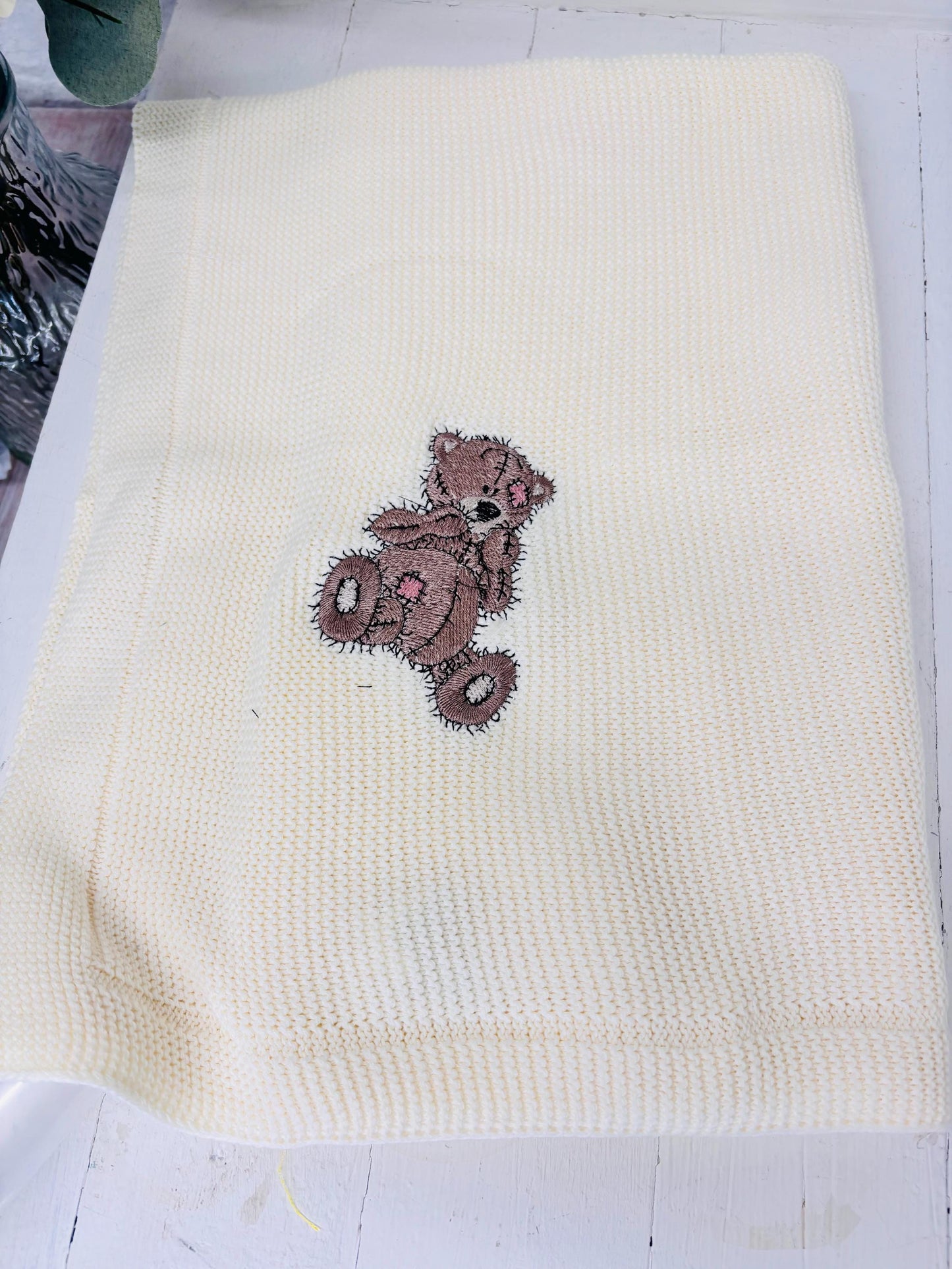 Soft Cream soft Knitted Baby blanket- with a cute Teddy embroidered with a name Personalised