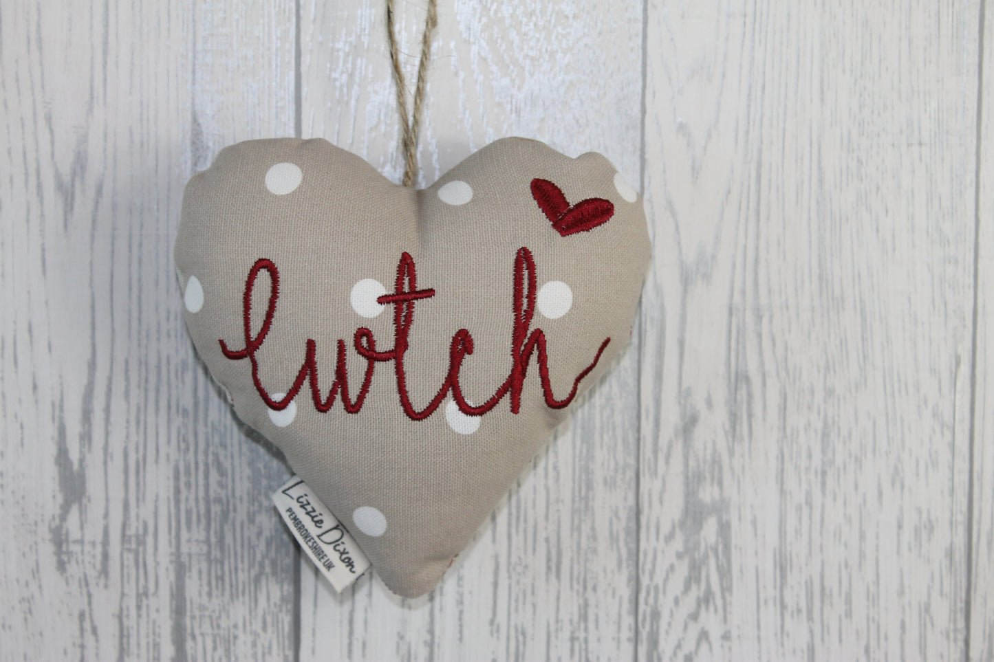 Cwtch Lavender Hanging Heart-Taupe Dotty and Red Sheep. - Lizzie Dixon Designs