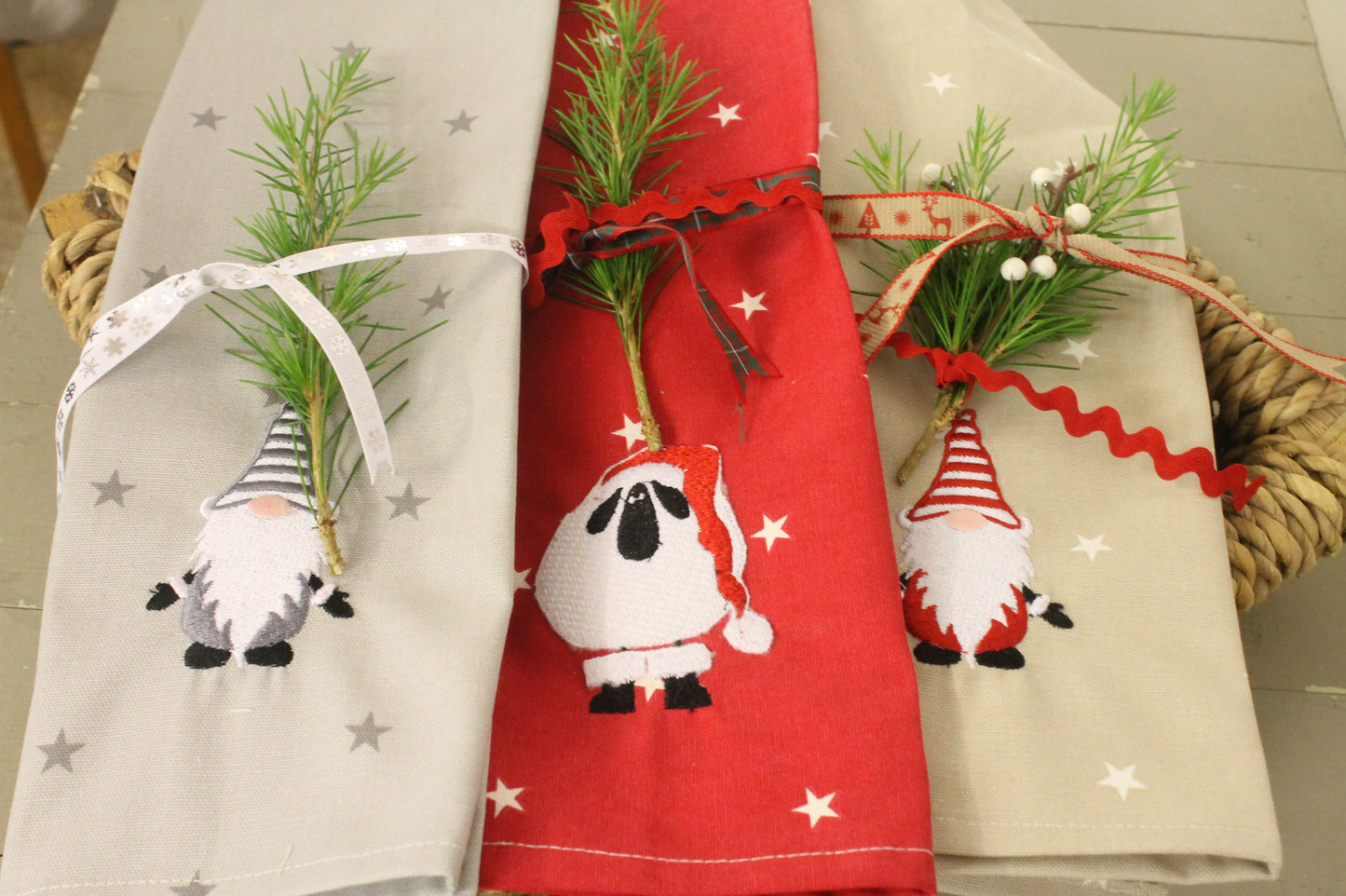 Taupe and red Gnome Christmas Napkins